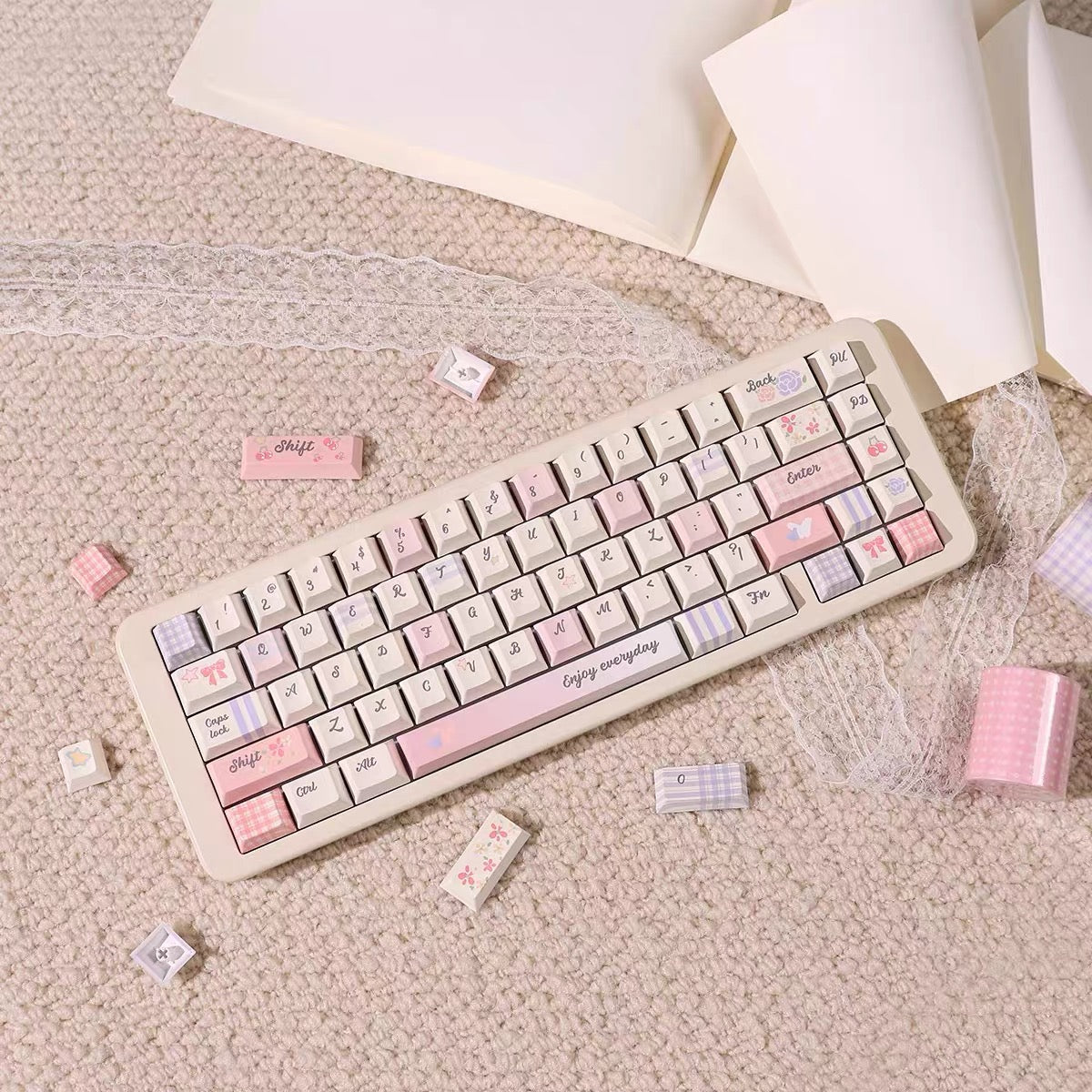 Keyboard with decorative keycaps on a textured surface