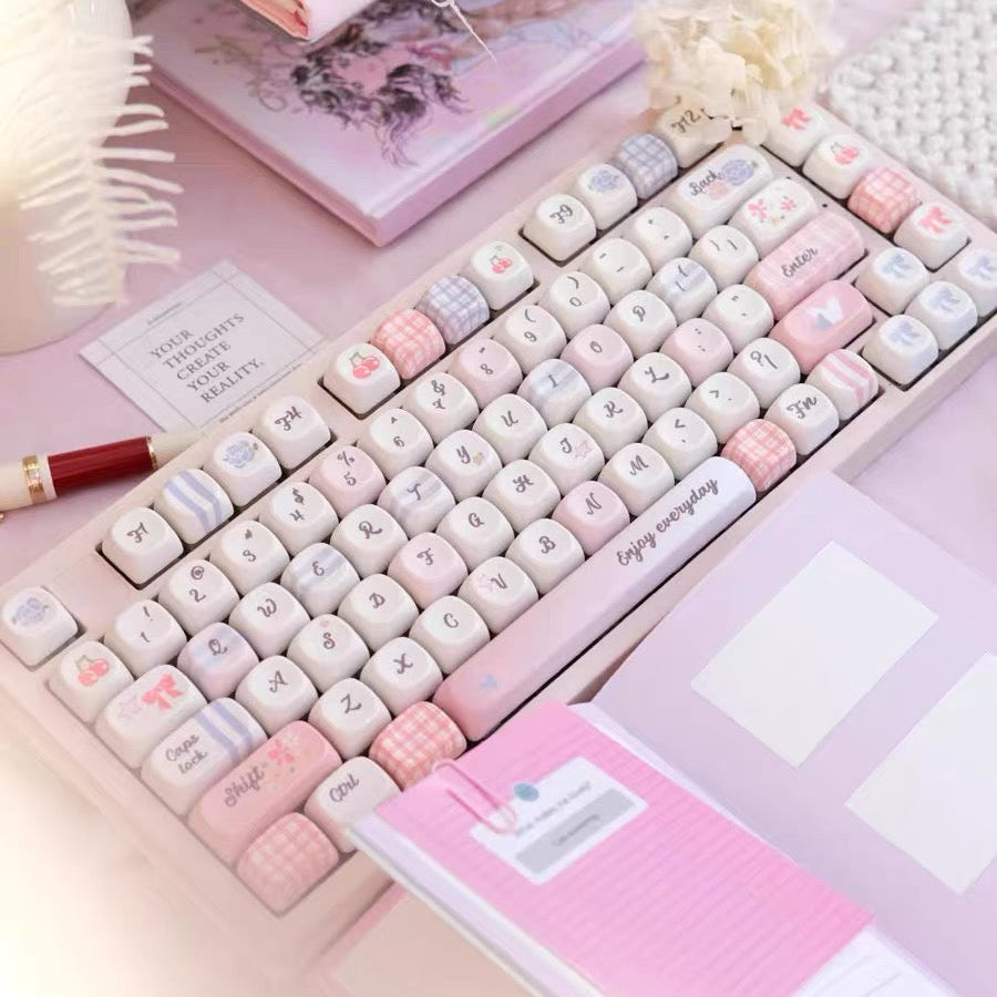 Grid Garden Keycaps Set – Blue & Pink Gingham Floral PBT Dye-Sub, OEM/MOA Profile