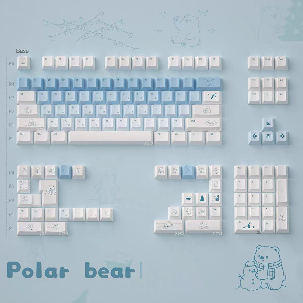 Polar Bear Keycaps Set – Gradient Blue & White PBT Dye-Sub, OEM Profile