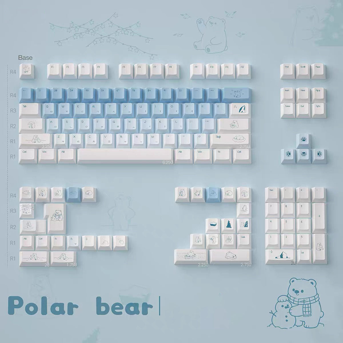 Polar Bear Keycaps Set – Gradient Blue & White PBT Dye-Sub, OEM Profile
