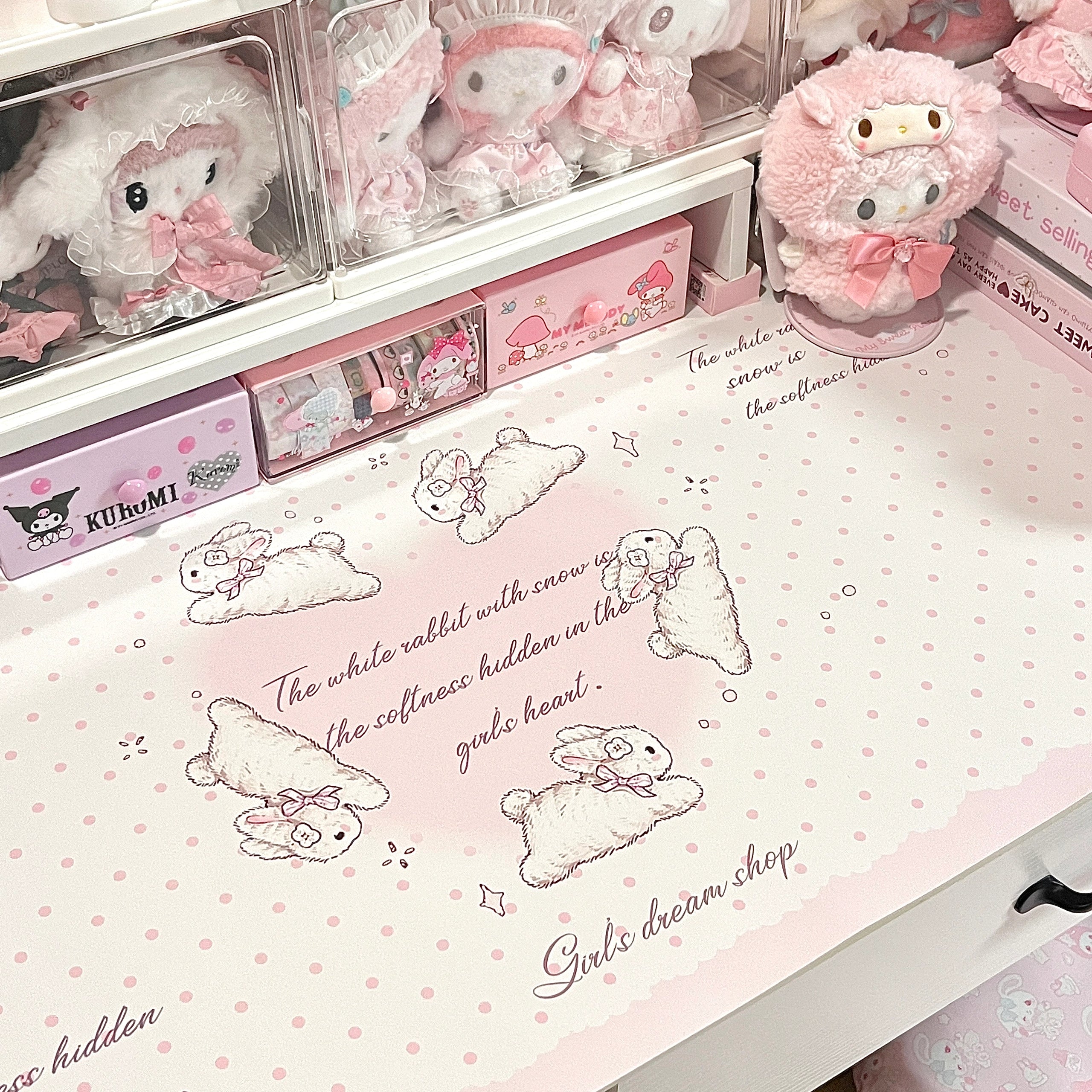 Snow Bunny Heart Desk Mat | Cute Polka Dot PU Leather Waterproof Desk Pad for Office & Home