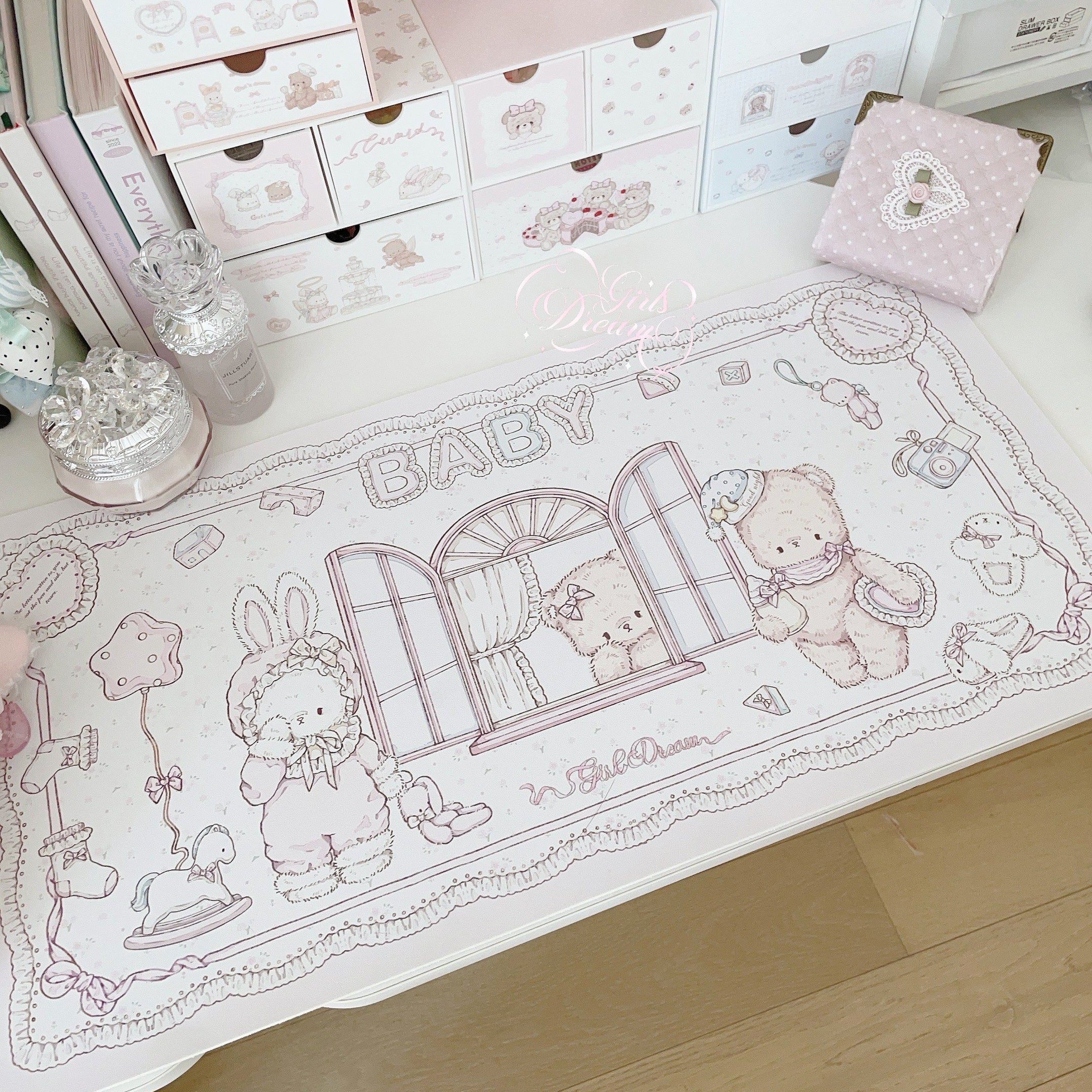 Baby Bunny & Bear Desk Mat | Cute Nursery-Style PU Leather Waterproof Desk Pad for Office & Home