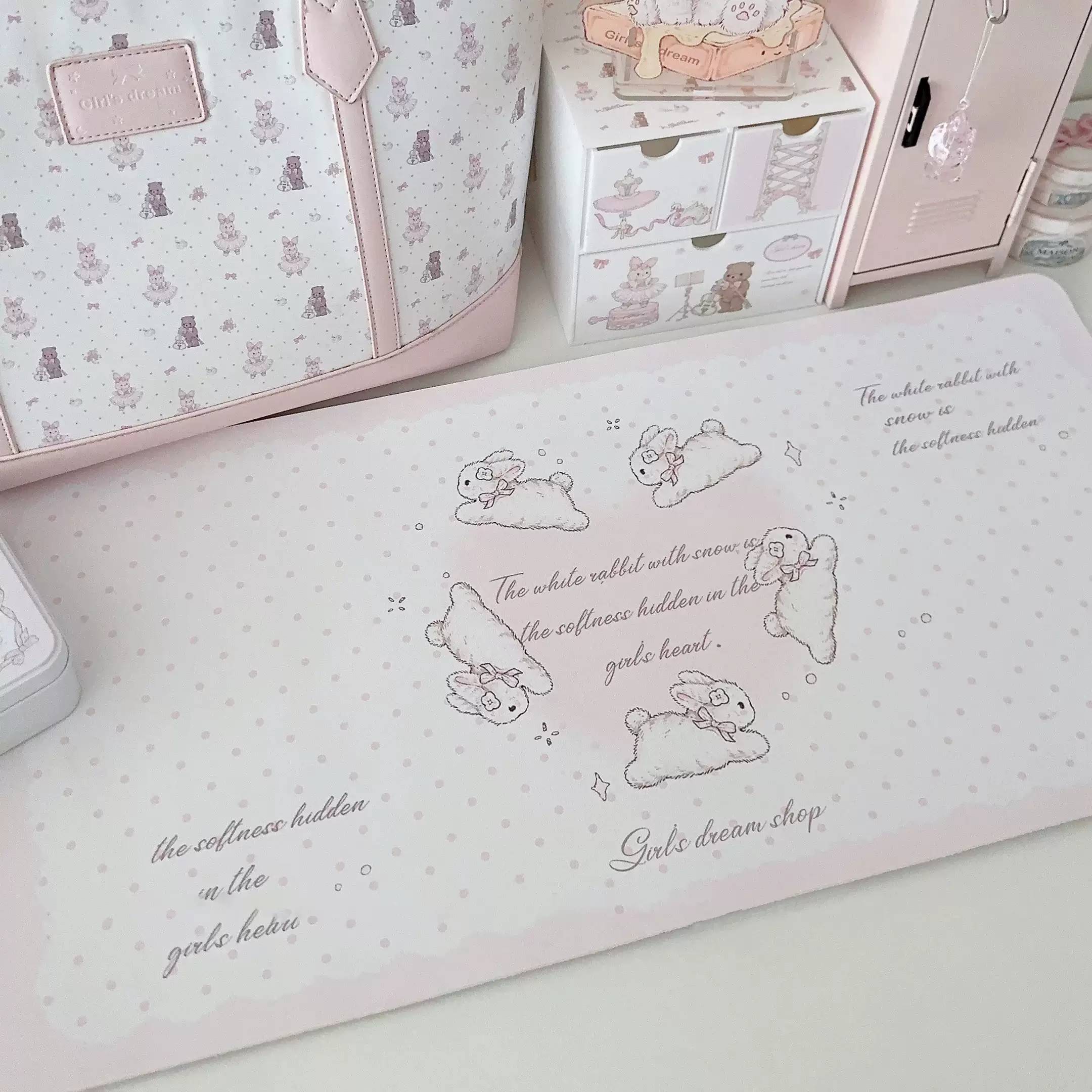Snow Bunny Heart Desk Mat | Cute Polka Dot PU Leather Waterproof Desk Pad for Office & Home