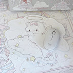 Cloud Carnival Desk Mat & Angel Cat Shaped Mouse Pad | Pastel Carousel PU Leather Waterproof Desk Pad for Office & Home