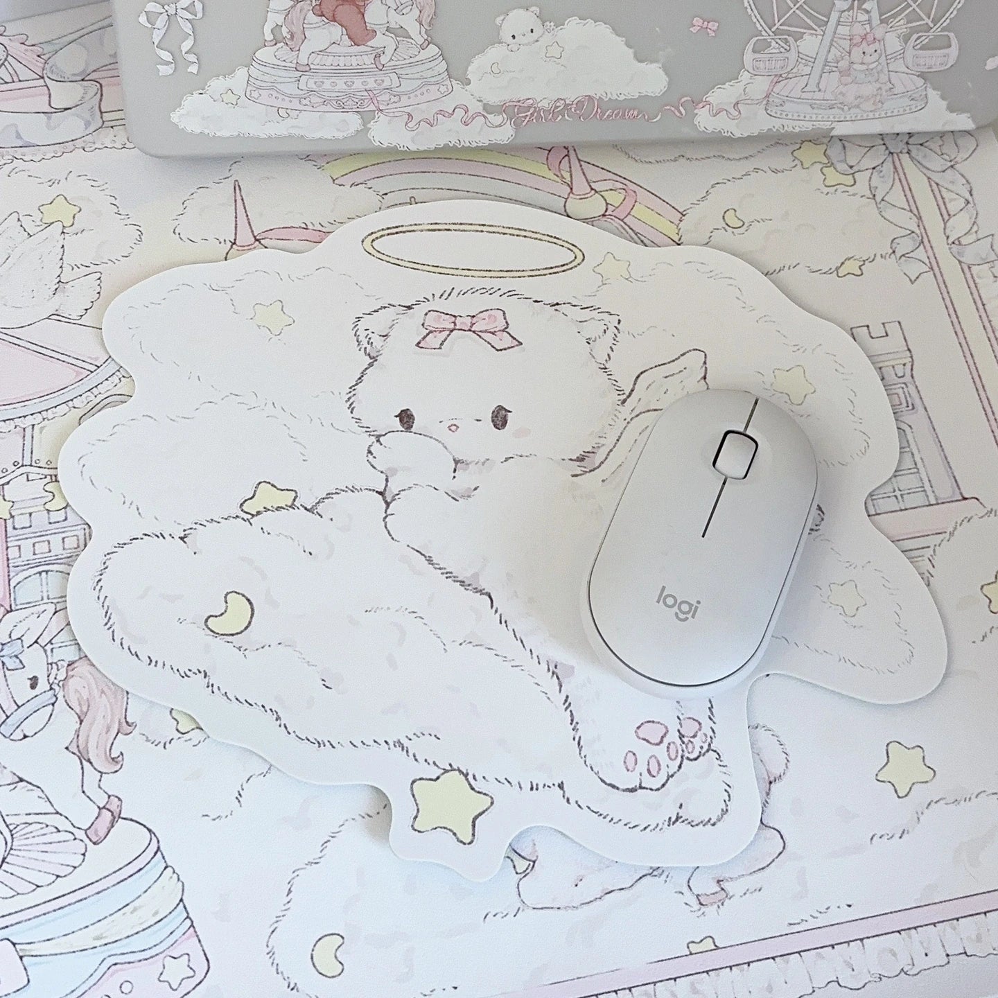 Cloud Carnival Desk Mat & Angel Cat Shaped Mouse Pad | Pastel Carousel PU Leather Waterproof Desk Pad for Office & Home