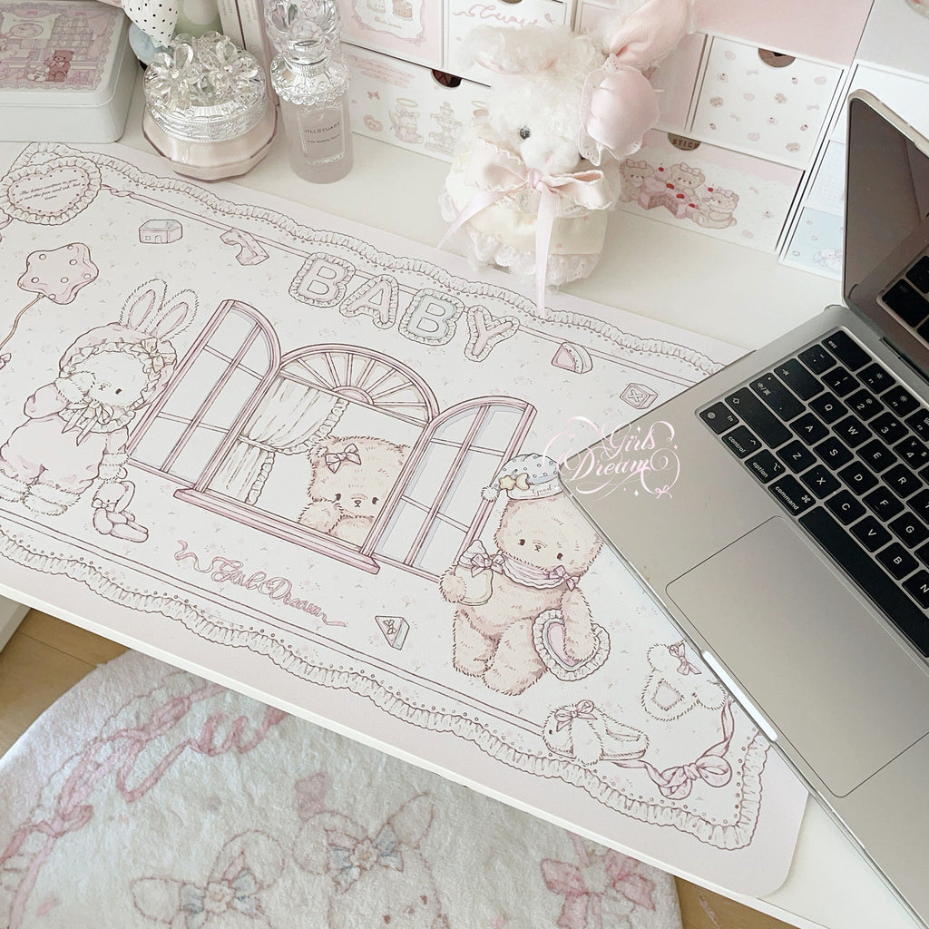 Baby Bunny & Bear Desk Mat | Cute Nursery-Style PU Leather Waterproof Desk Pad for Office & Home