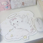 Cloud Carnival Desk Mat & Angel Cat Shaped Mouse Pad | Pastel Carousel PU Leather Waterproof Desk Pad for Office & Home