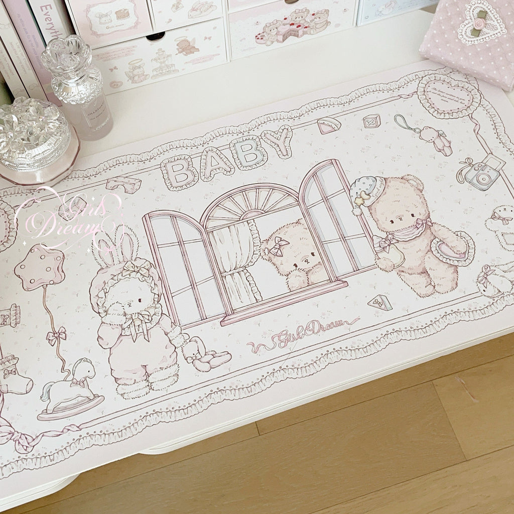 Baby Bunny & Bear Desk Mat | Cute Nursery-Style PU Leather Waterproof Desk Pad for Office & Home