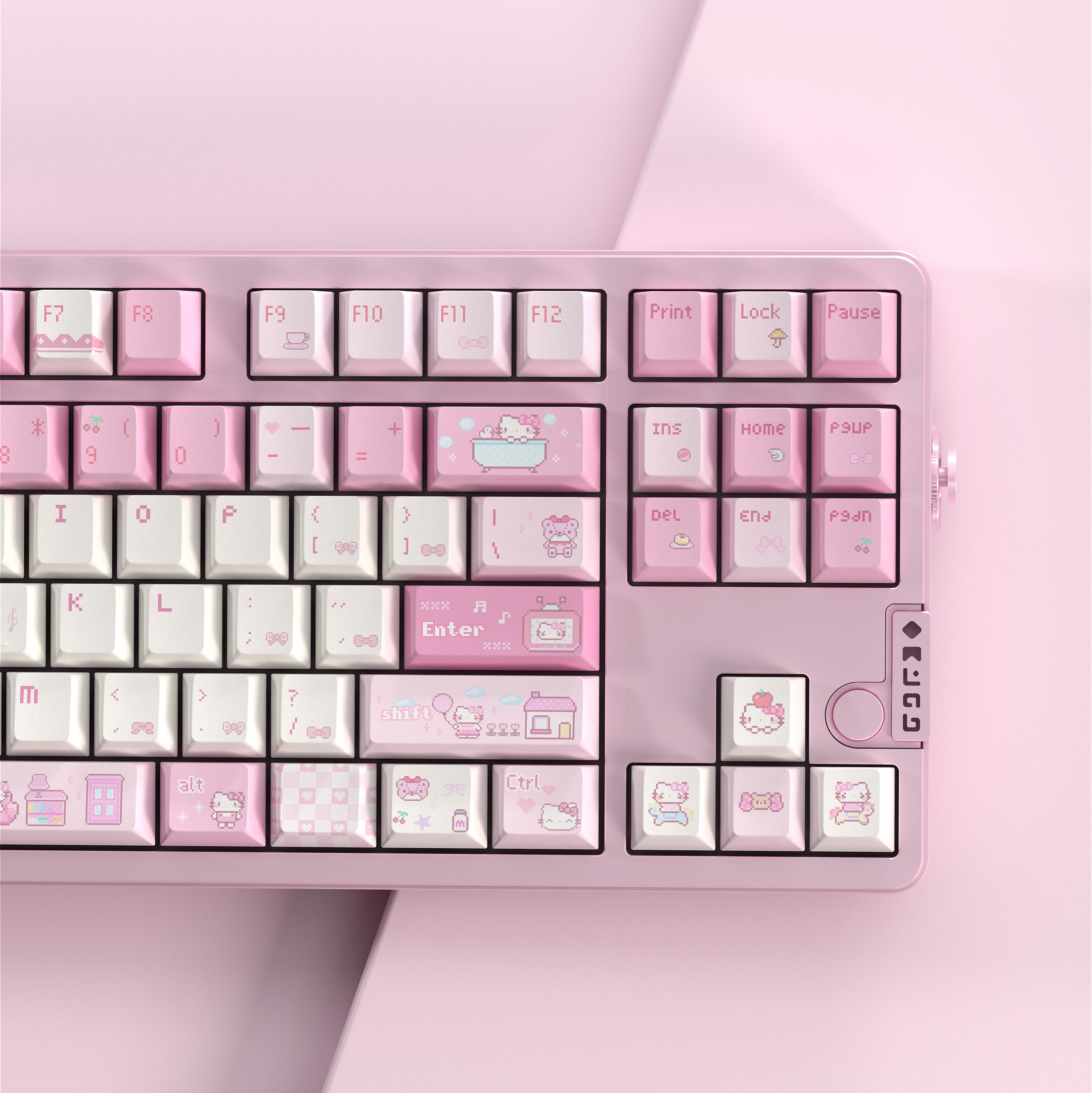 A close-up of a pastel pink mechanical keyboard with decorative keycaps featuring Hello Kitty illustrations, set against a matching pink background.
