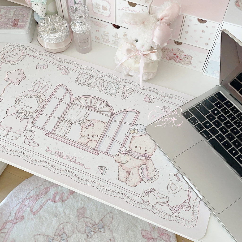 Baby Bunny & Bear Desk Mat | Cute Nursery-Style PU Leather Waterproof Desk Pad for Office & Home