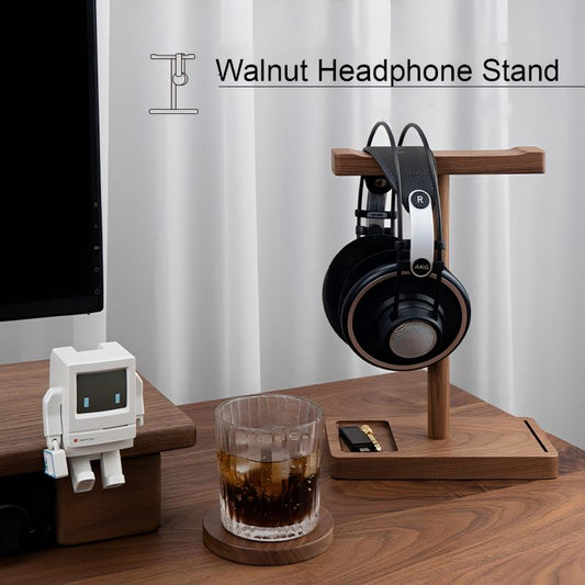 Solid walnut wood headphone stand with AKG headset