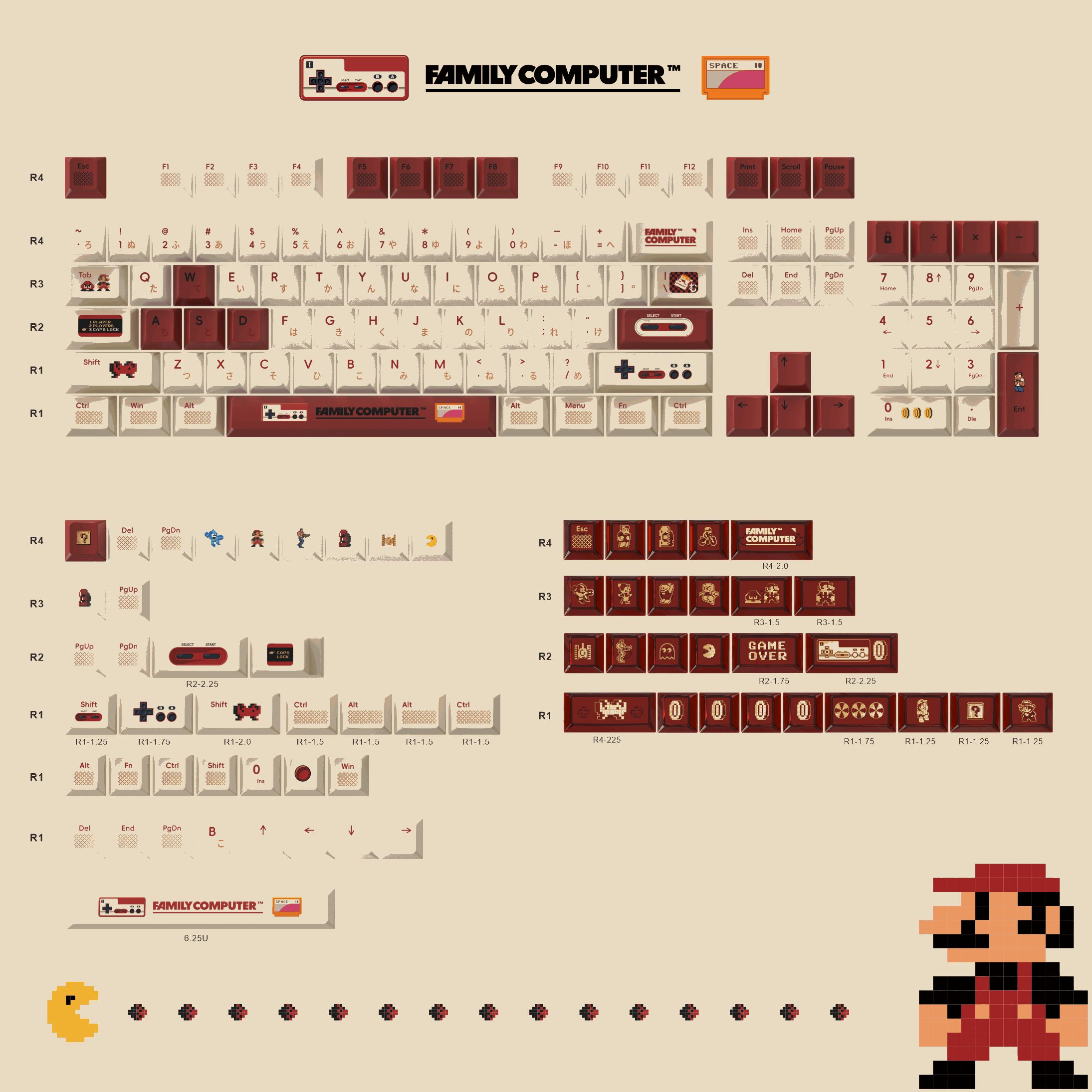 Side View of MAO Profile Red-White Retro Keycap Set with Artisan Details