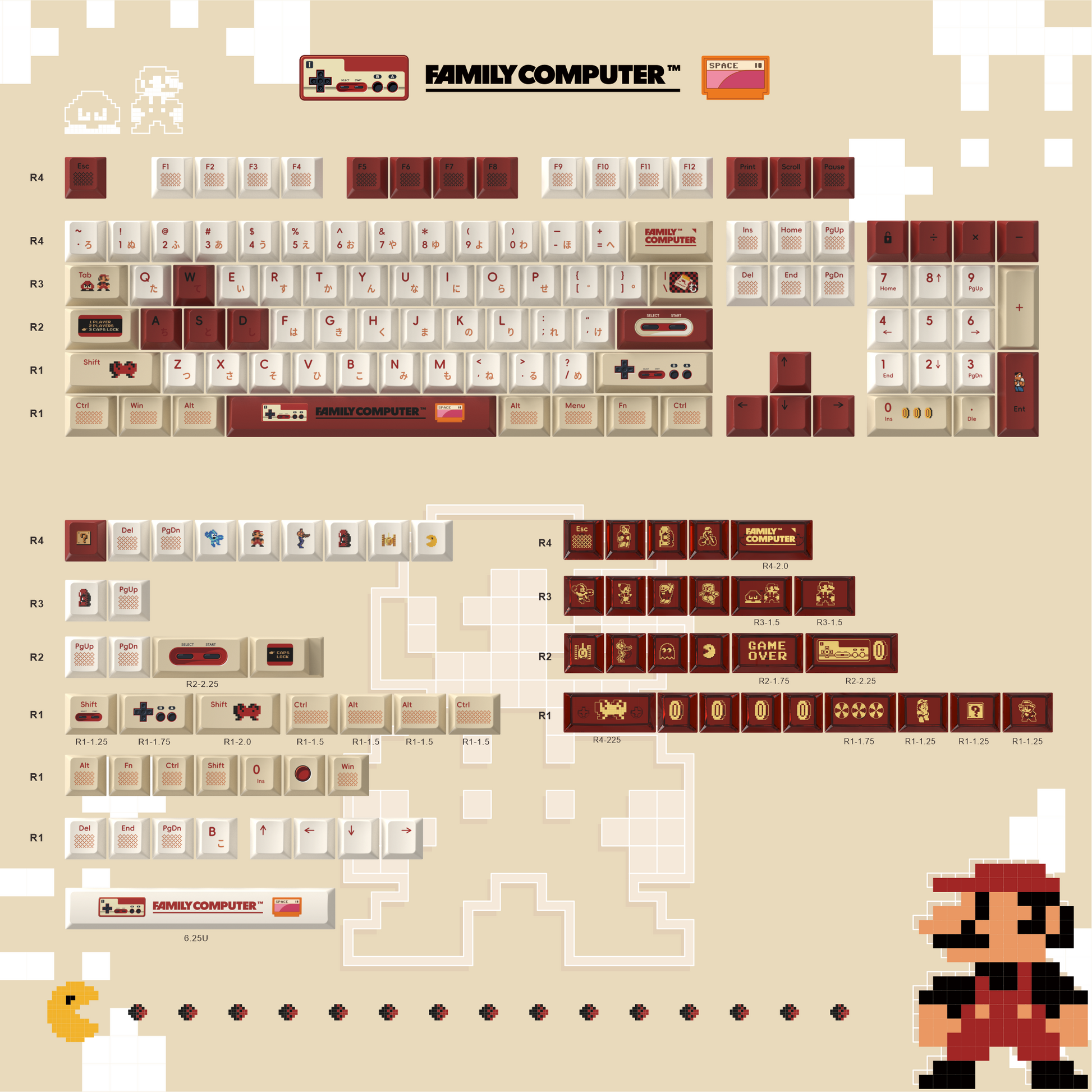 Side View of MAO Profile Red-White Retro Keycap Set with Artisan Details