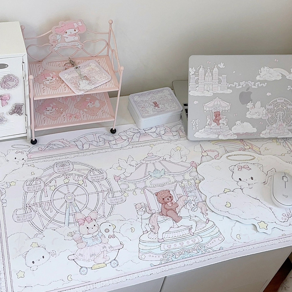 Cloud Carnival Desk Mat & Angel Cat Shaped Mouse Pad | Pastel Carousel PU Leather Waterproof Desk Pad for Office & Home