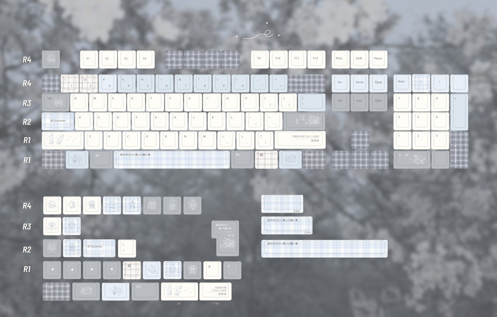 A flat-lay view of a keyboard keycap set featuring a pastel, minimalist aesthetic with white, light blue, and gray keycaps arranged over a blurred gray background of trees.