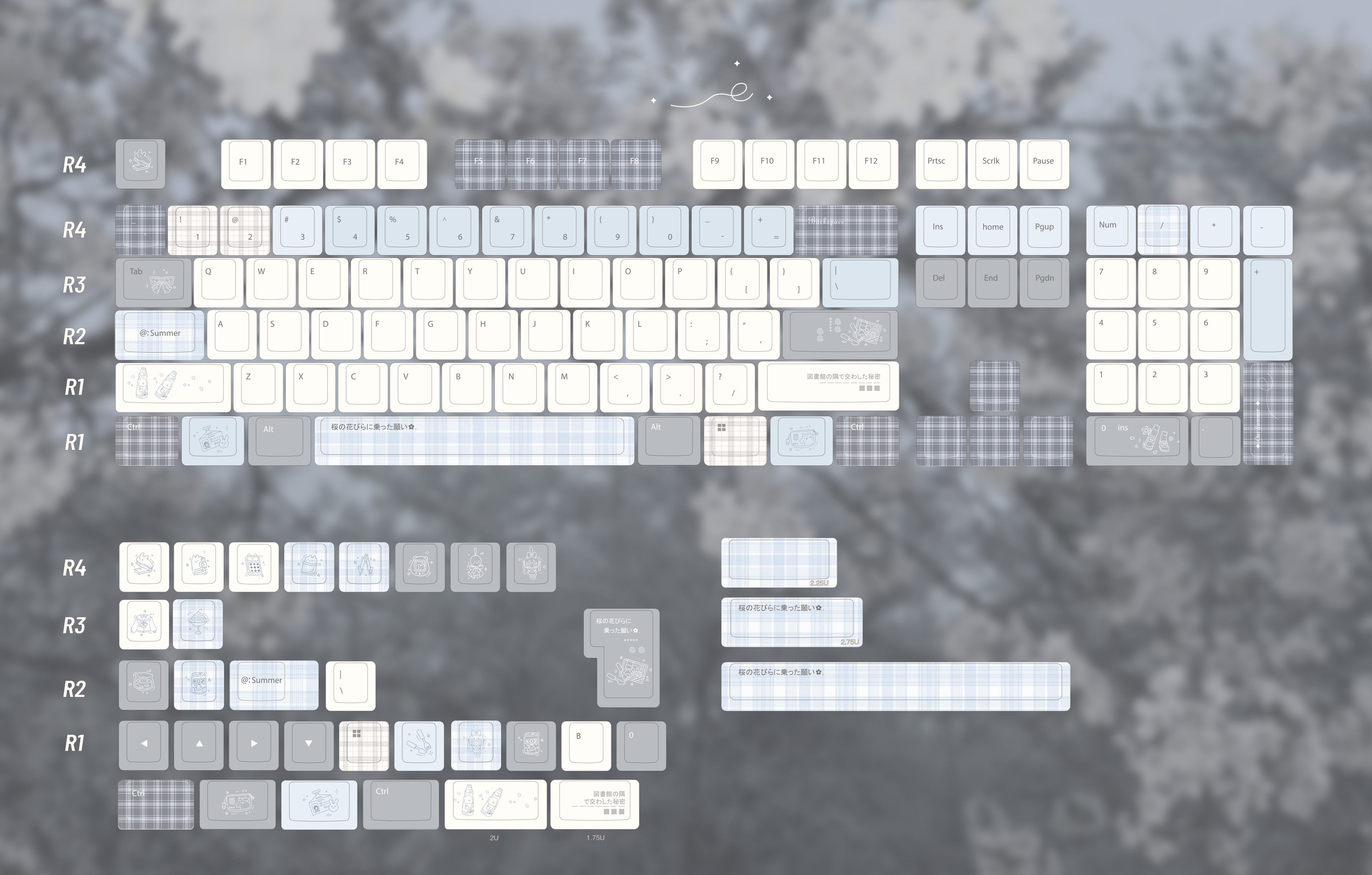 A flat-lay view of a keyboard keycap set featuring a pastel, minimalist aesthetic with white, light blue, and gray keycaps arranged over a blurred gray background of trees.
