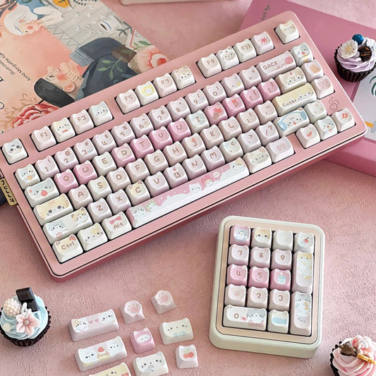 "Close-up of MAO profile cat-themed PBT keycaps"