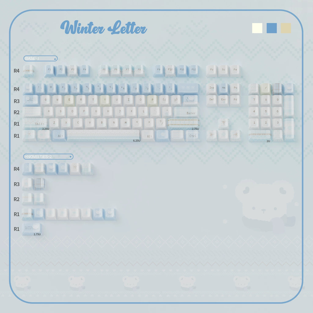 Winter Letter Keycaps Set – Blue & Cream Snow Bear PBT Dye-Sub, Shine-Through & Crystal Jelly
