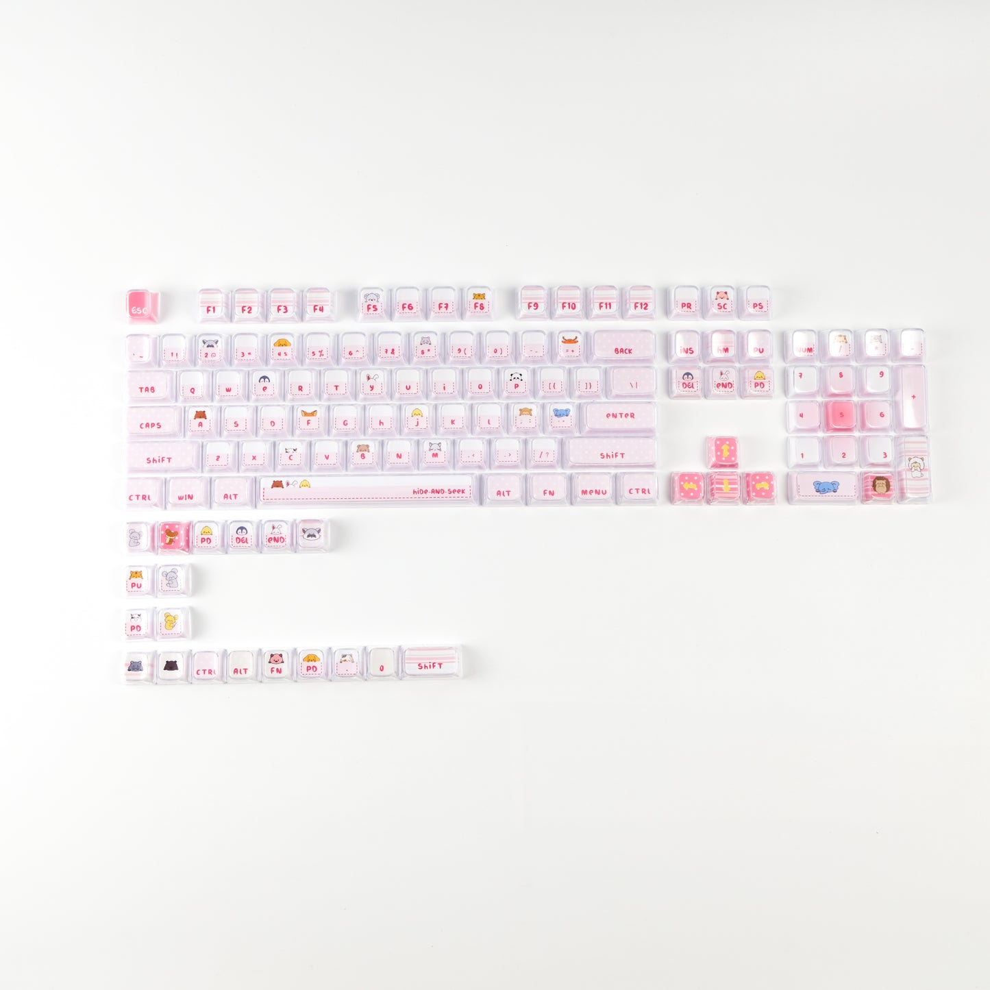 Hide and Seek Pink Keycaps -122 Keys PBT Crystal Jelly Shine-Through Dye-Sub Full Set Cute Girl Kawaii Keycaps