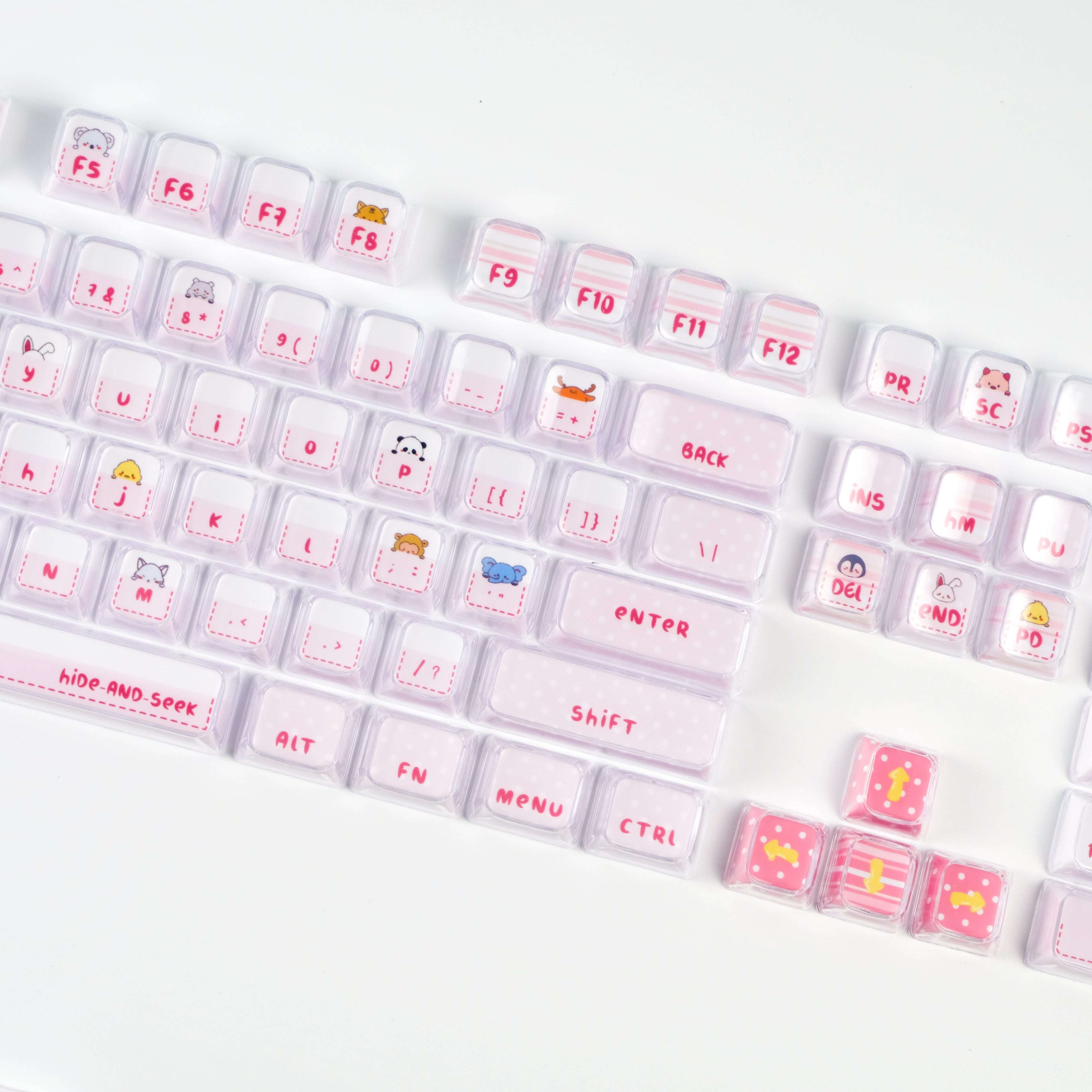 Hide and Seek Pink Keycaps -122 Keys PBT Crystal Jelly Shine-Through Dye-Sub Full Set Cute Girl Kawaii Keycaps