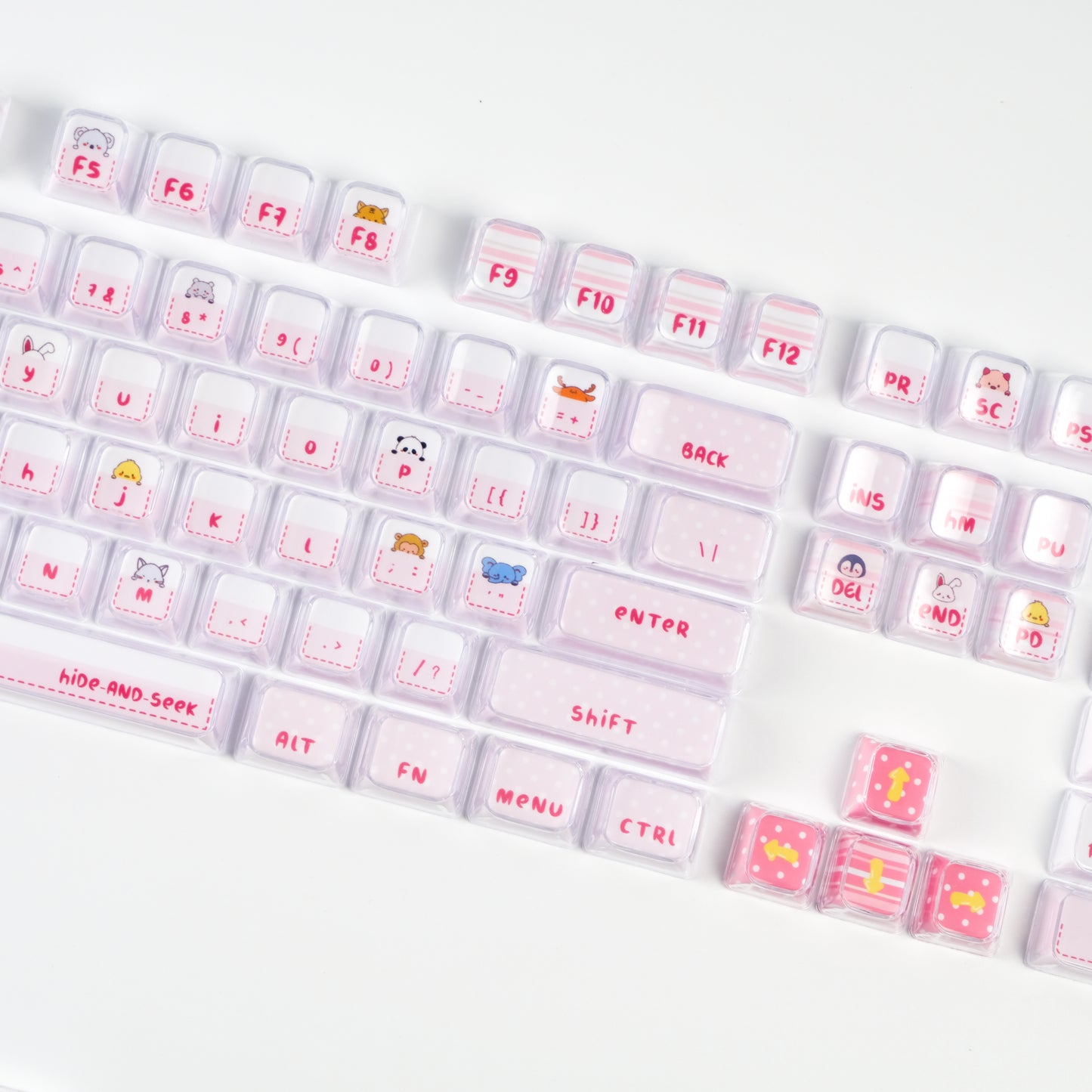 Hide and Seek Pink Keycaps -122 Keys PBT Crystal Jelly Shine-Through Dye-Sub Full Set Cute Girl Kawaii Keycaps