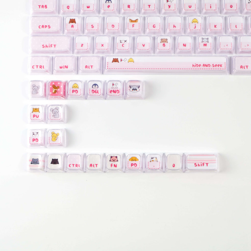 Hide and Seek Pink Keycaps -122 Keys PBT Crystal Jelly Shine-Through Dye-Sub Full Set Cute Girl Kawaii Keycaps