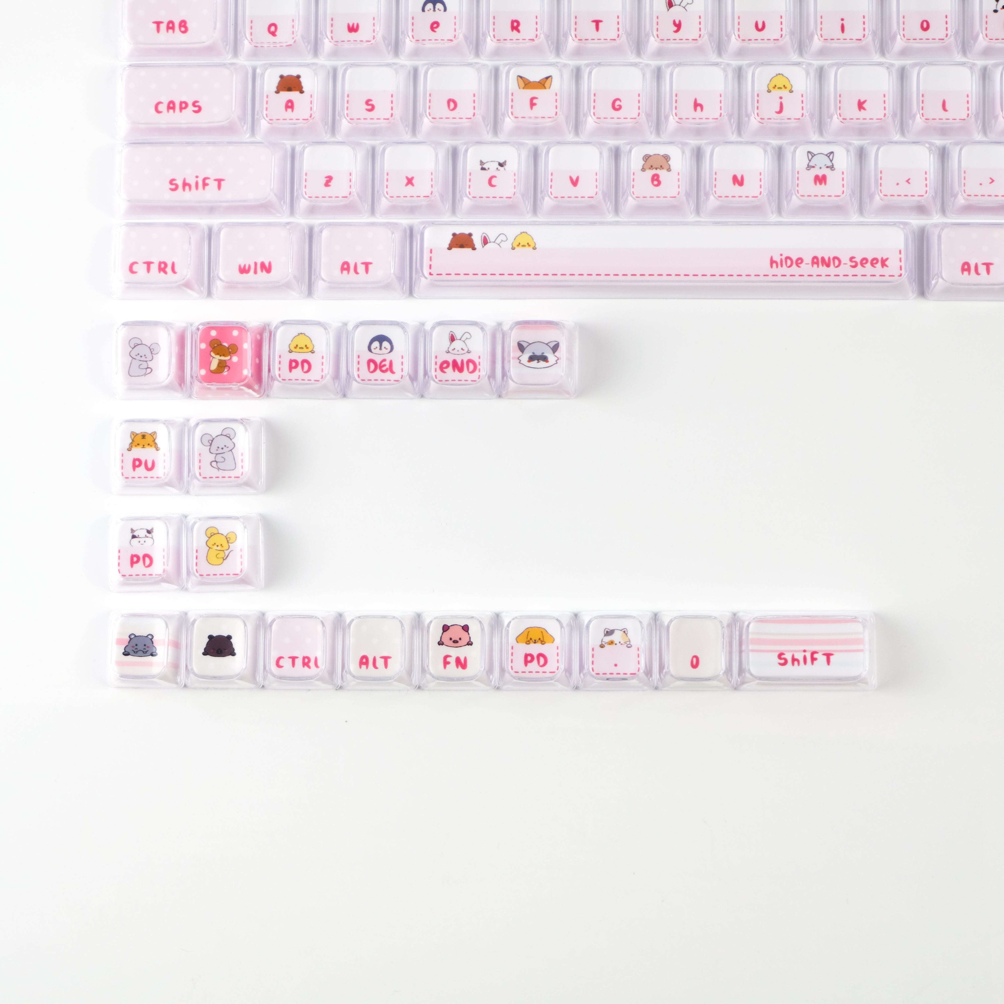 Hide and Seek Pink Keycaps -122 Keys PBT Crystal Jelly Shine-Through Dye-Sub Full Set Cute Girl Kawaii Keycaps