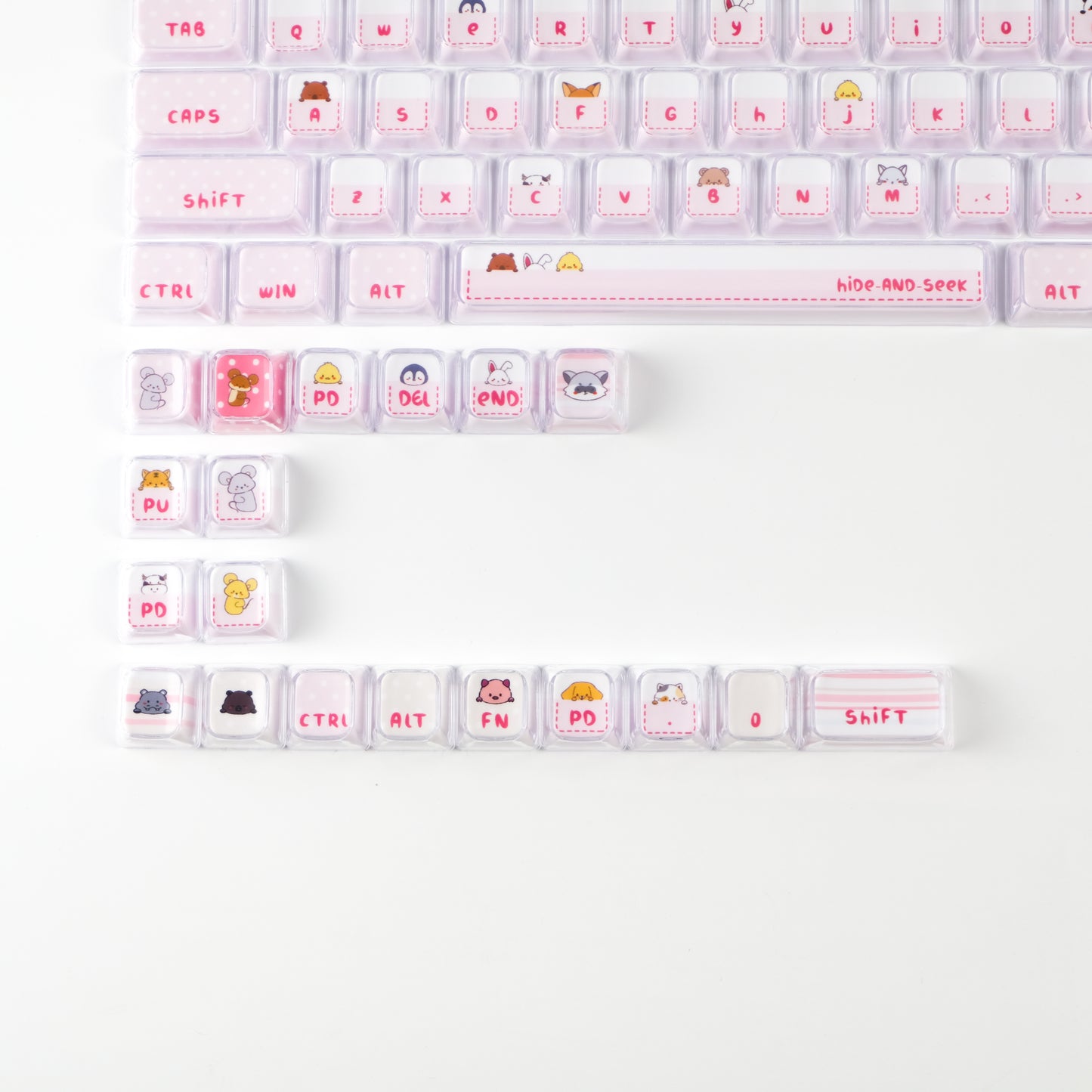 Hide and Seek Pink Keycaps -122 Keys PBT Crystal Jelly Shine-Through Dye-Sub Full Set Cute Girl Kawaii Keycaps
