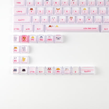 Hide and Seek Pink Keycaps -122 Keys PBT Crystal Jelly Shine-Through Dye-Sub Full Set Cute Girl Kawaii Keycaps