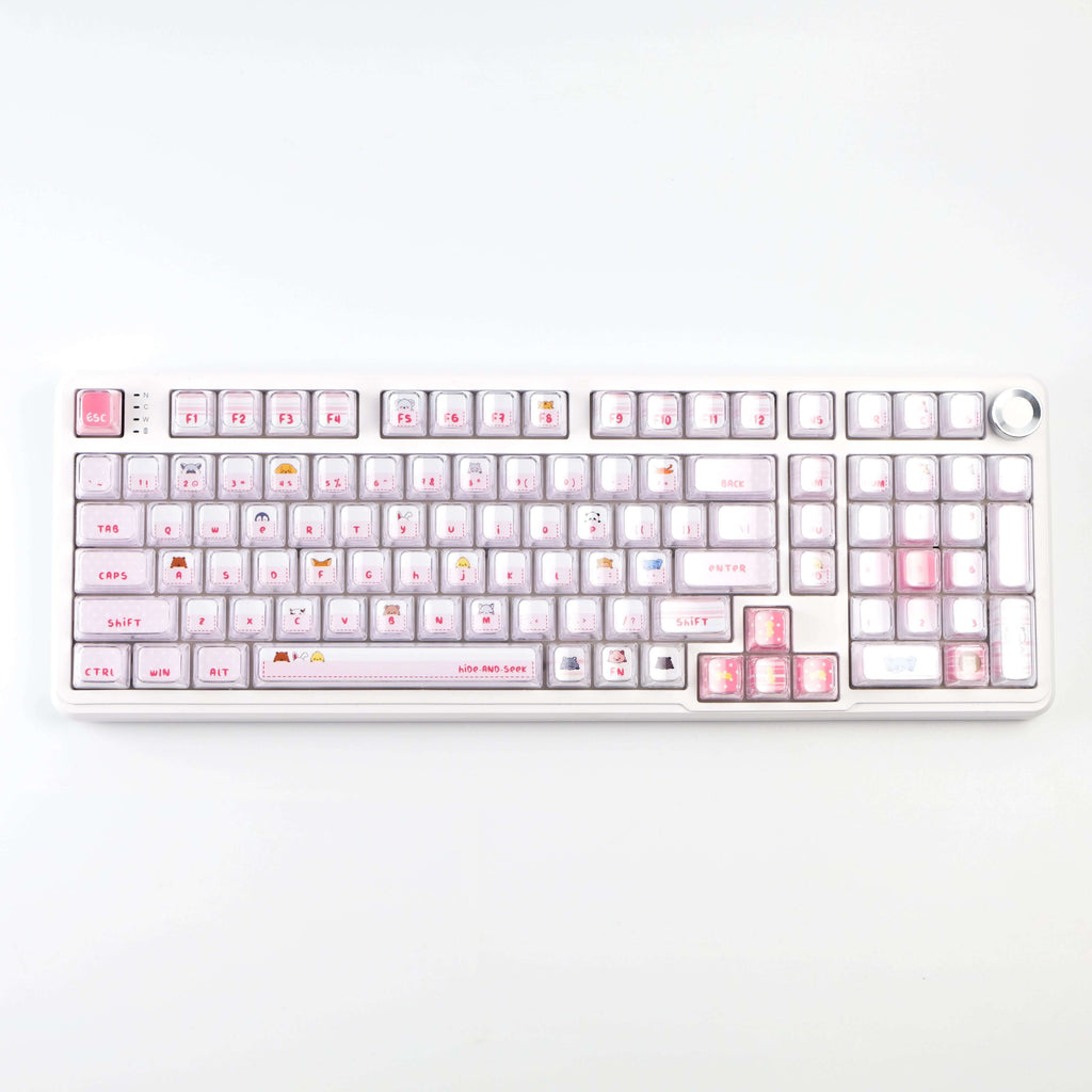 Hide and Seek Pink Keycaps -122 Keys PBT Crystal Jelly Shine-Through Dye-Sub Full Set Cute Girl Kawaii Keycaps