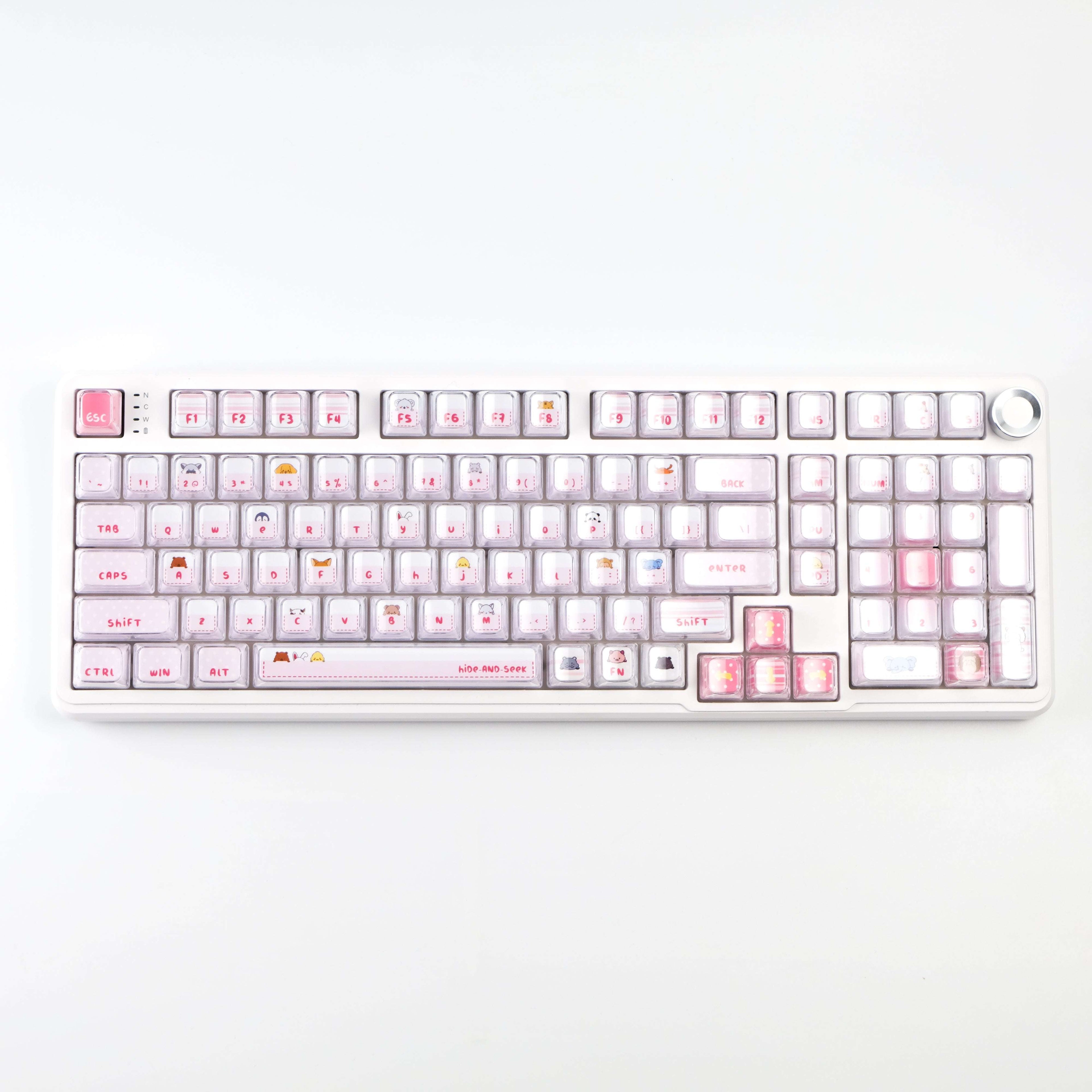 Hide and Seek Pink Keycaps -122 Keys PBT Crystal Jelly Shine-Through Dye-Sub Full Set Cute Girl Kawaii Keycaps