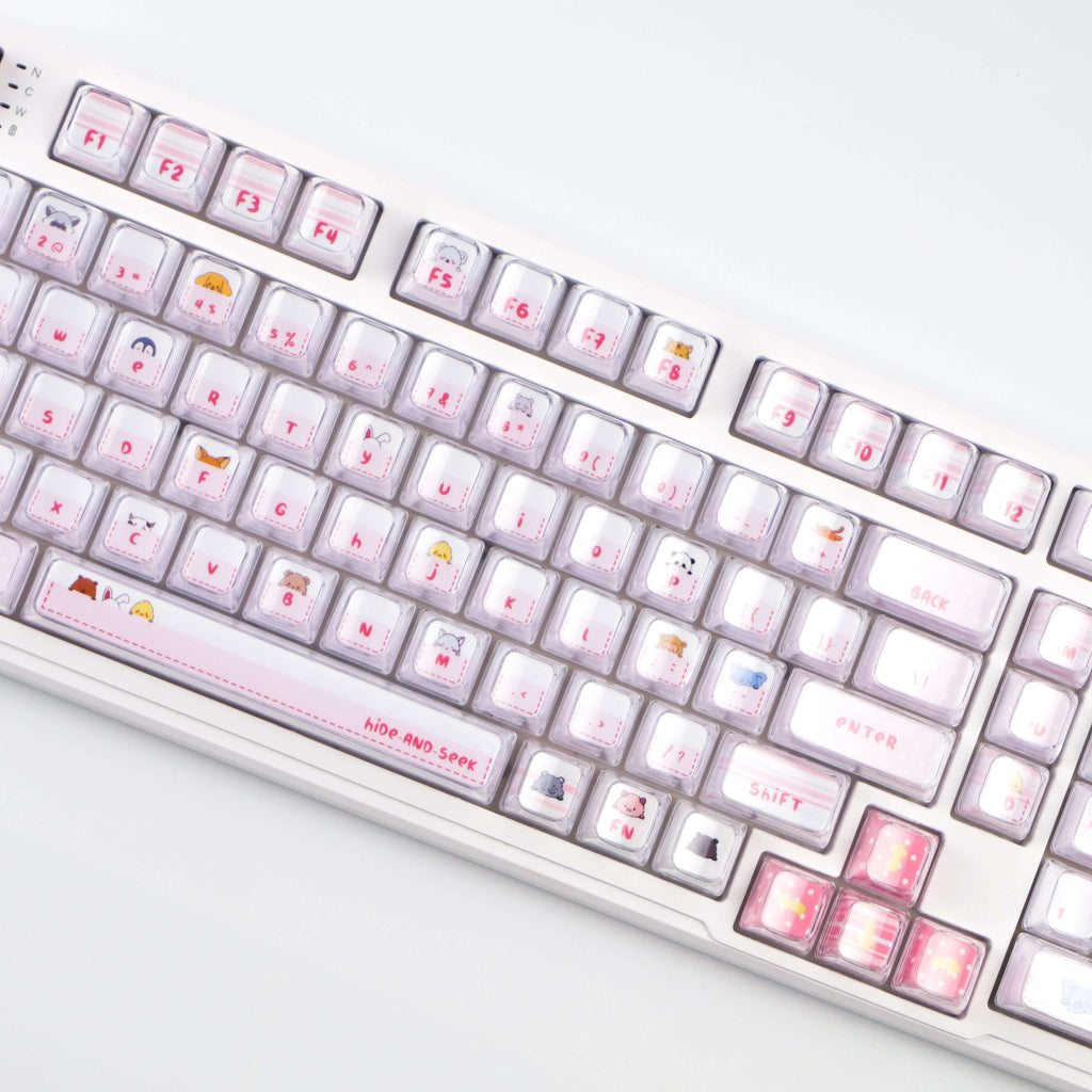 Hide and Seek Pink Keycaps -122 Keys PBT Crystal Jelly Shine-Through Dye-Sub Full Set Cute Girl Kawaii Keycaps