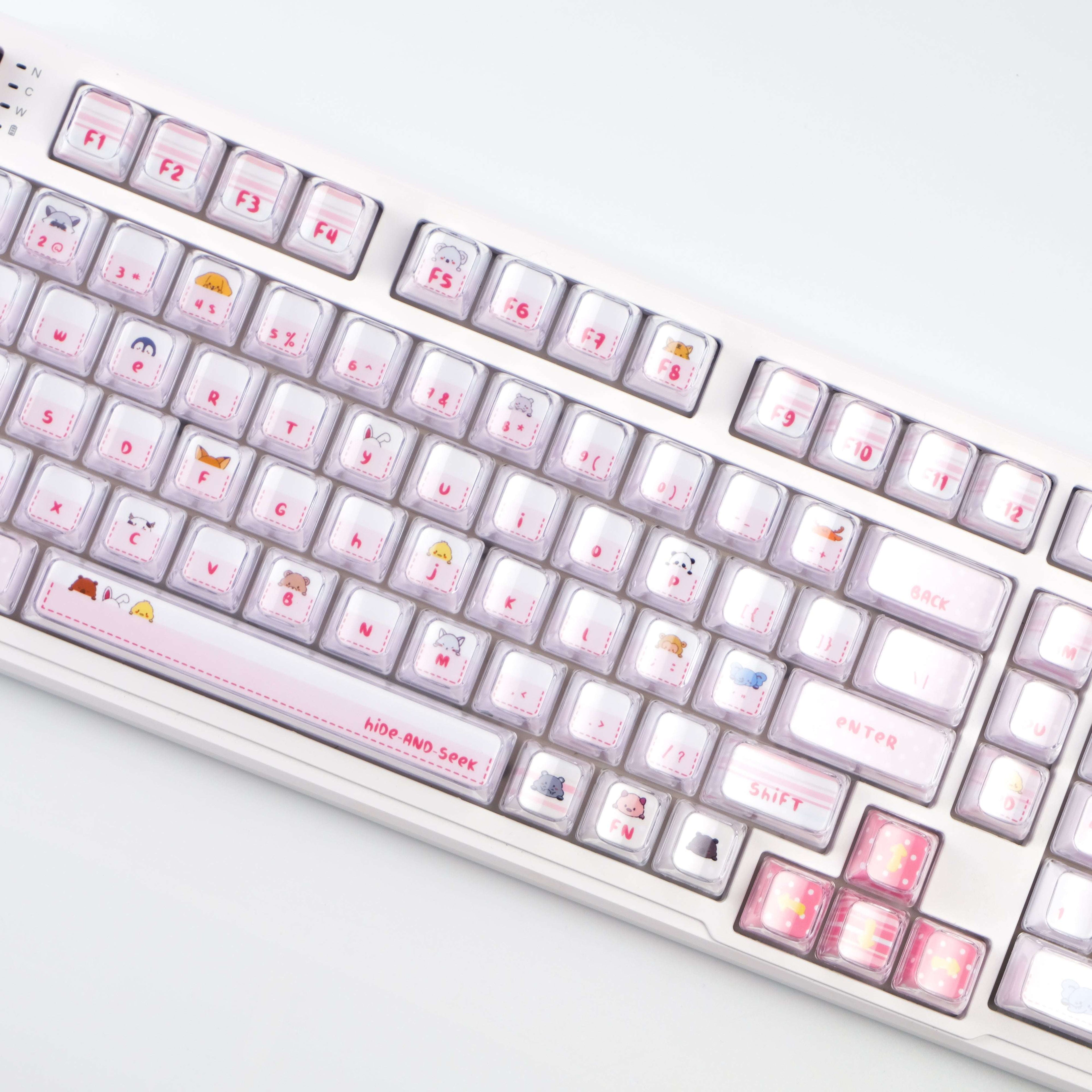 Hide and Seek Pink Keycaps -122 Keys PBT Crystal Jelly Shine-Through Dye-Sub Full Set Cute Girl Kawaii Keycaps