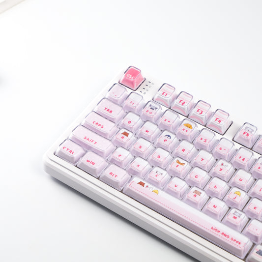 Hide and Seek Pink Keycaps -122 Keys PBT Crystal Jelly Shine-Through Dye-Sub Full Set Cute Girl Kawaii Keycaps