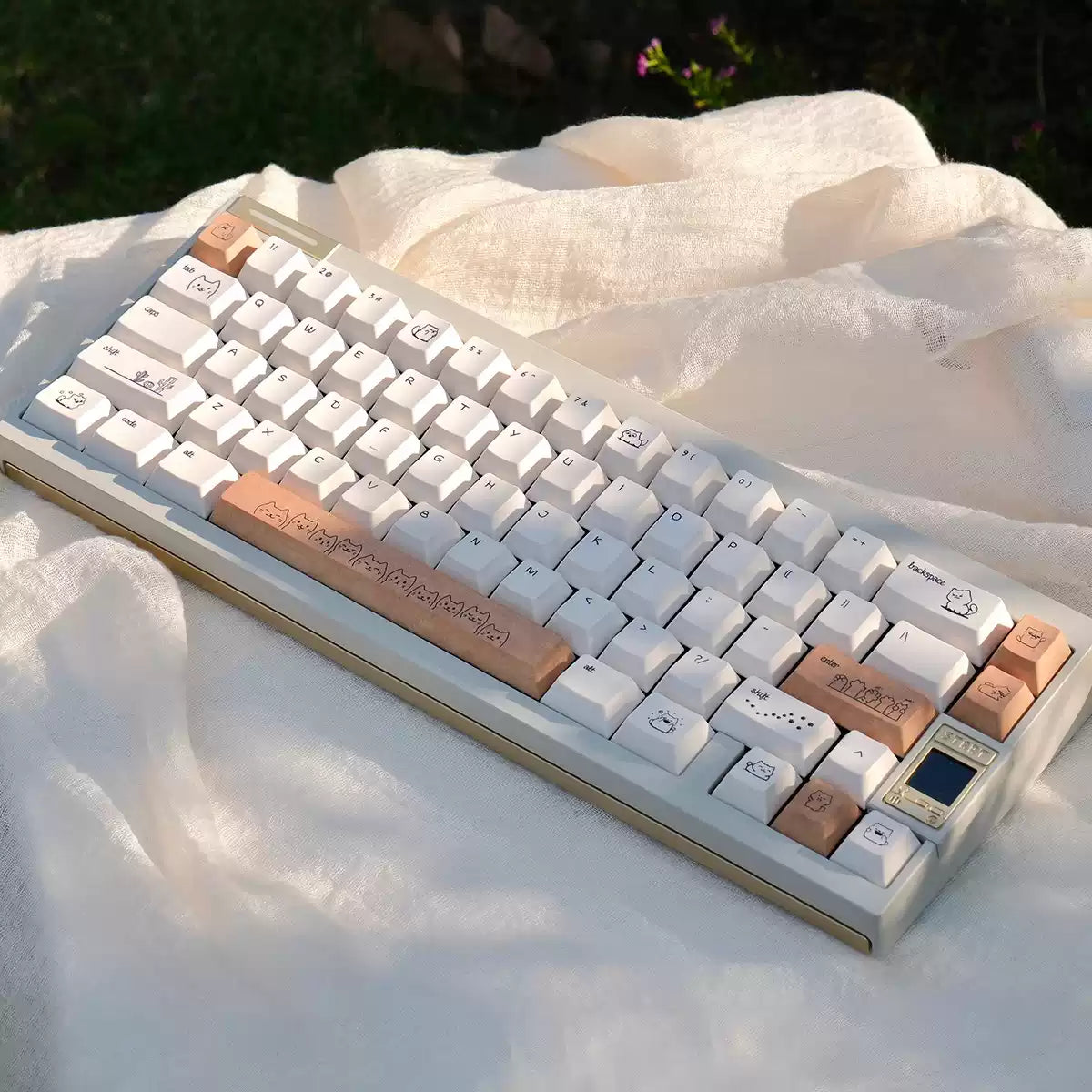 Dune Cat Keycaps Set – 144 Keys Cream & Caramel PBT Dye-Sub, OEM Profile, Alice Layout Compatible
