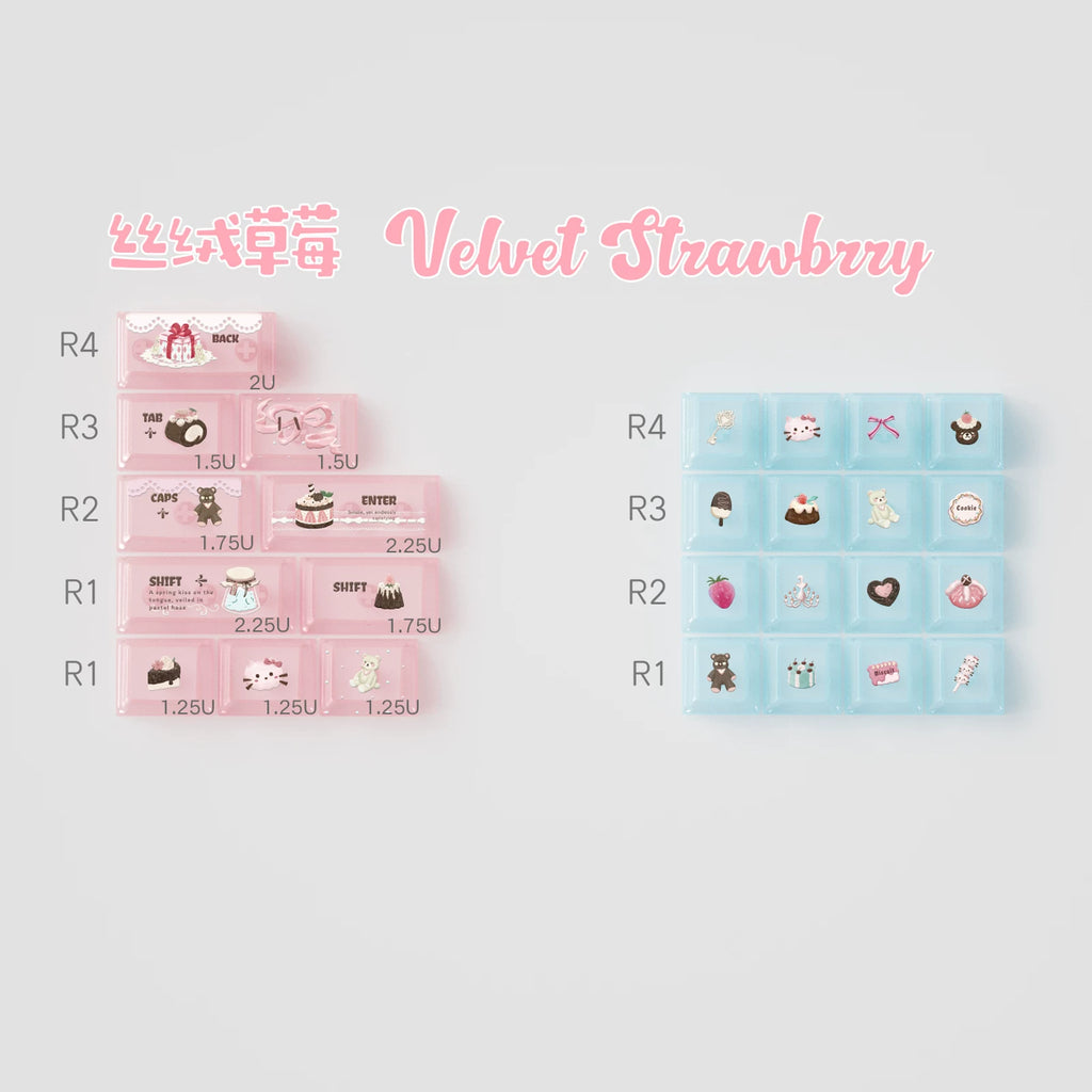 Velvet Strawberry Keycap Set - PBT Dye-Sub & Frosted PC Novelties - MOA/Cherry Profile