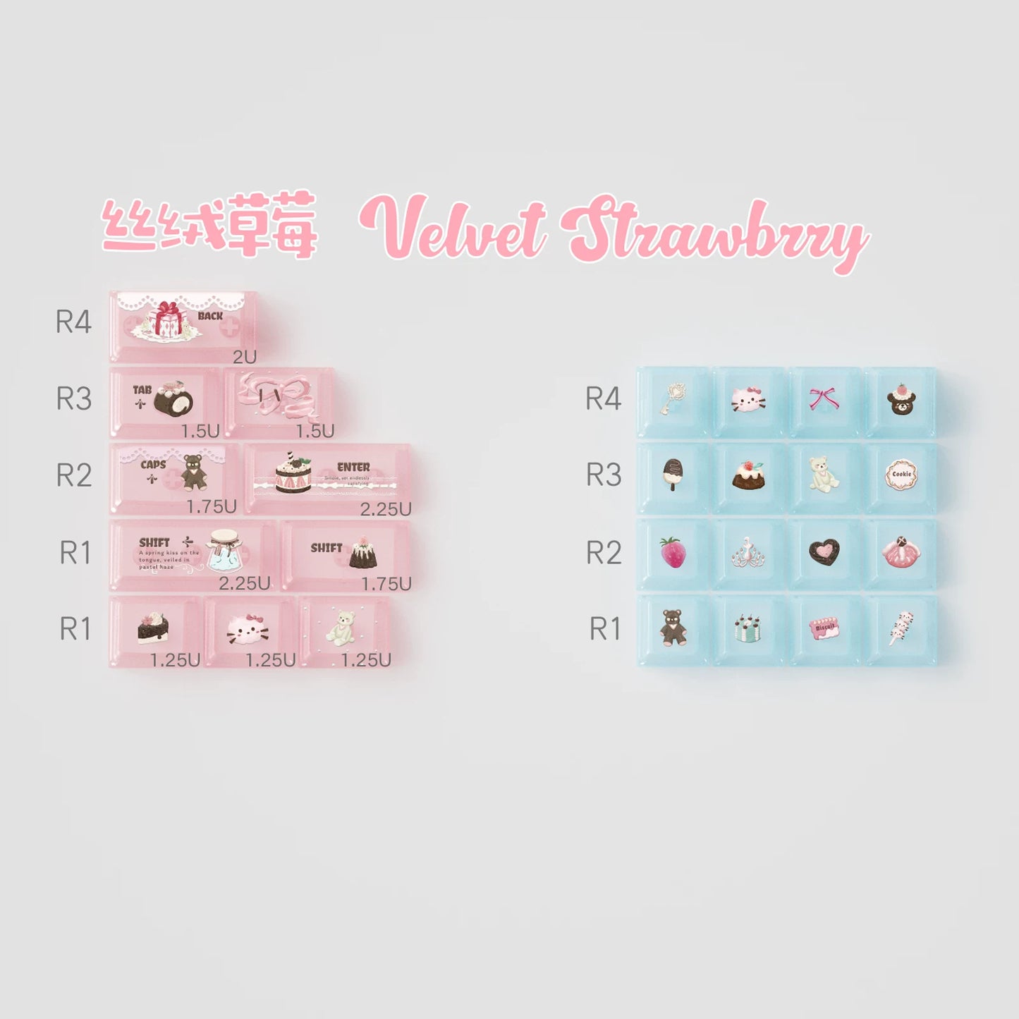 Velvet Strawberry Keycap Set - PBT Dye-Sub & Frosted PC Novelties - MOA/Cherry Profile