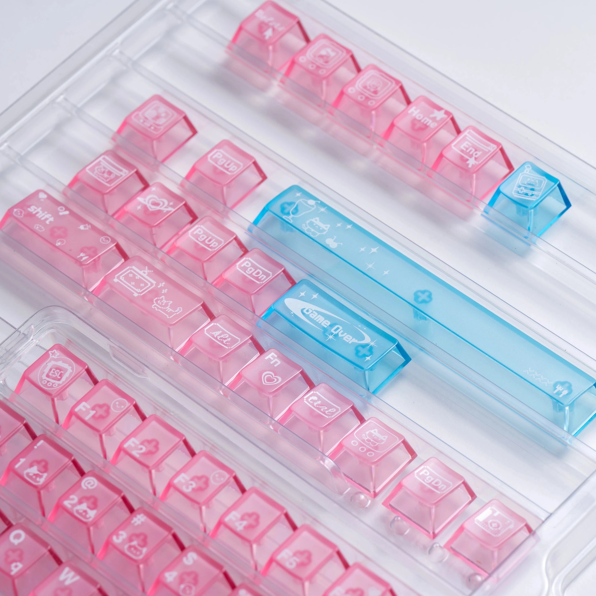 electronic meow meow pc keycaps 1.7mm thick wall transparent foggy top shine through cyber cat closeup 2025