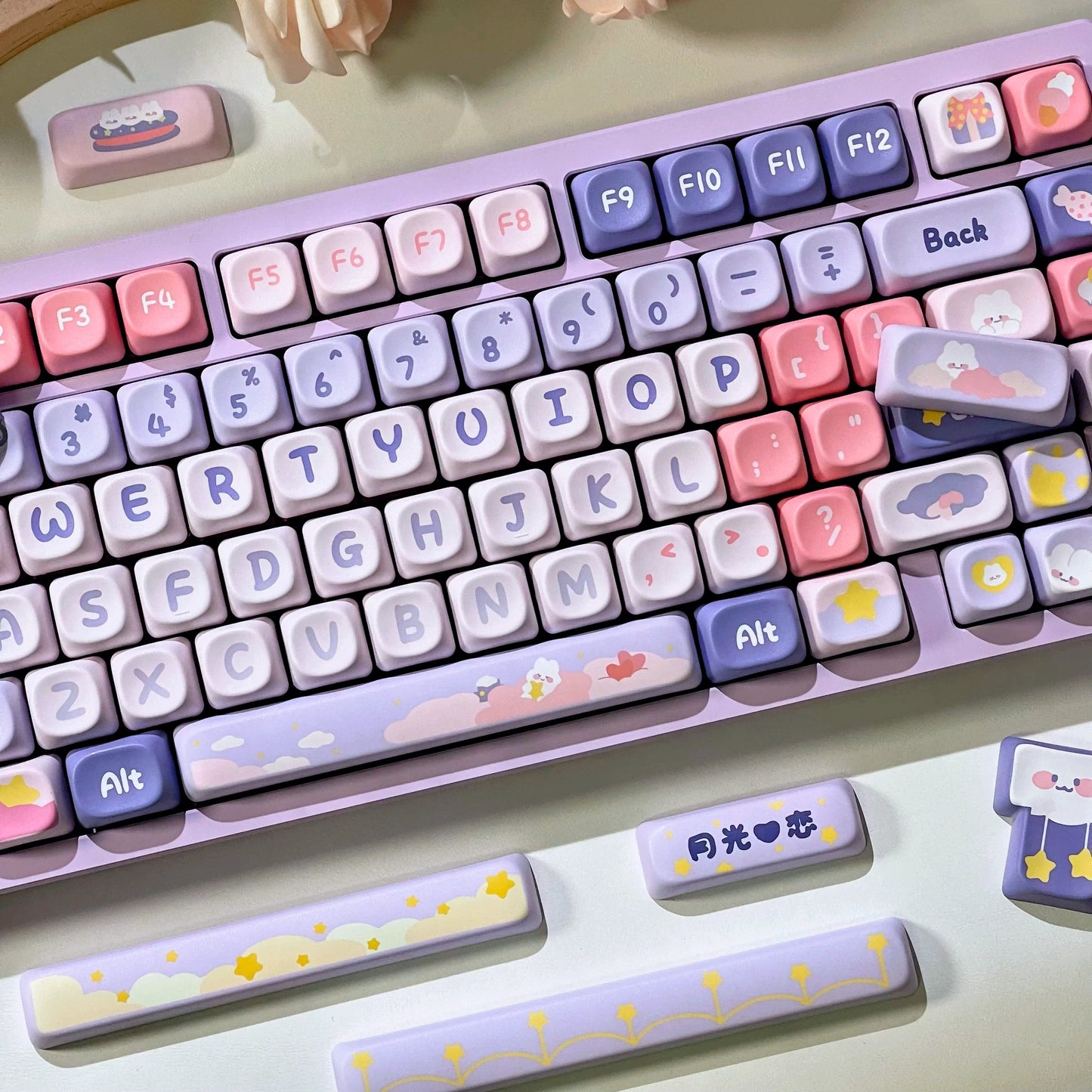 Moonlight Bunny Keycap Set – 142 Keys Pastel PBT Dye-Sublimated Keycaps for Mechanical Keyboards