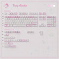 A flat-lay layout diagram of a mechanical keyboard keycap set themed around 'Fairy Garden' by brand UTE. The keycaps are arranged in rows corresponding to standard and alternate key zones, featuring a pastel pink and white color palette with tiny pastel illustrations.