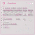 A flat-lay layout diagram of a mechanical keyboard keycap set themed around 'Fairy Garden' by brand UTE. The keycaps are arranged in rows corresponding to standard and alternate key zones, featuring a pastel pink and white color palette with tiny pastel illustrations.