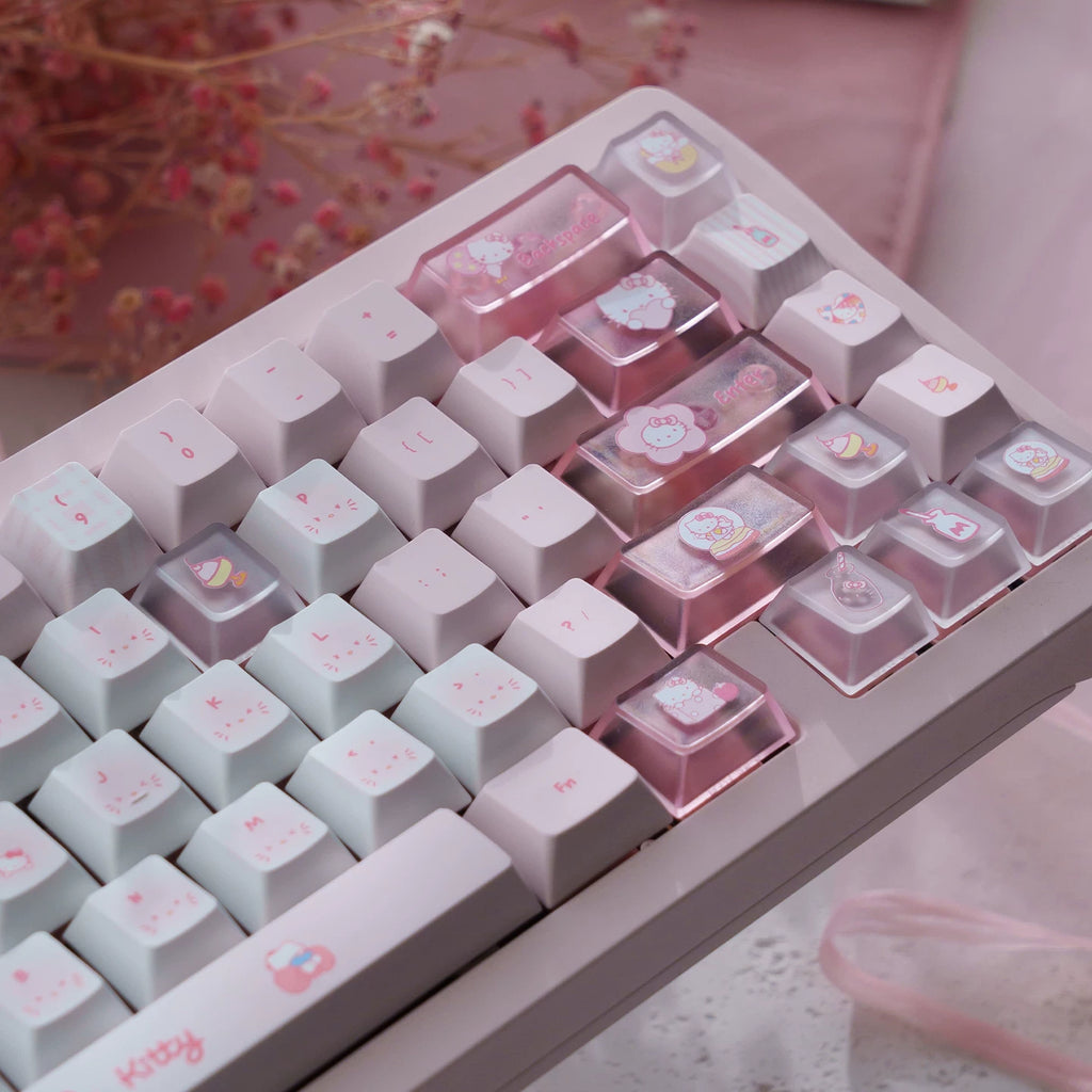 Kawaii Hello Kitty Pastel Pink Keycap Set – PBT Dye-Sublimation & Translucent Frosted PC Novelties (Cherry Profile)