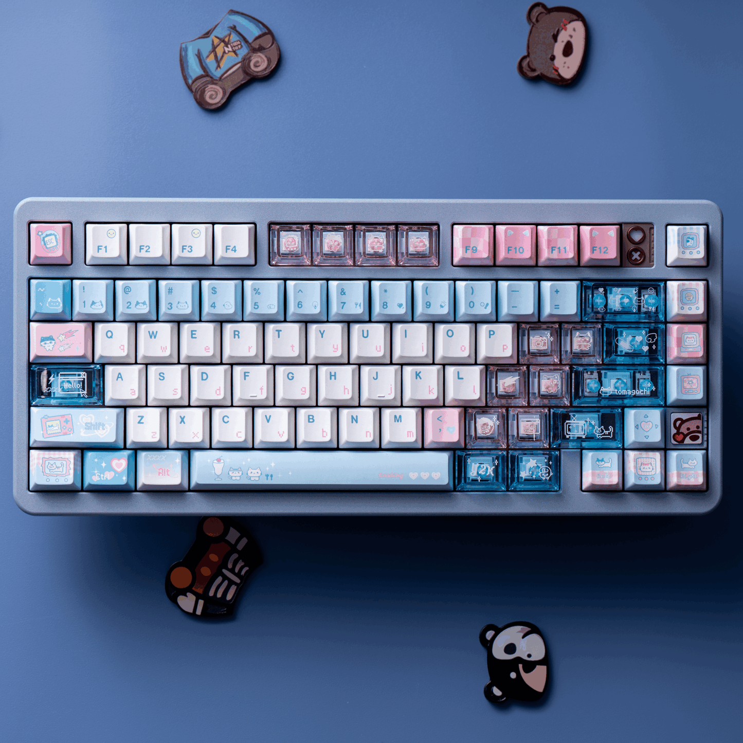 kawaii cyber desk setup electronic meow meow keycaps cloud puff wrist rest neon aesthetic 2025