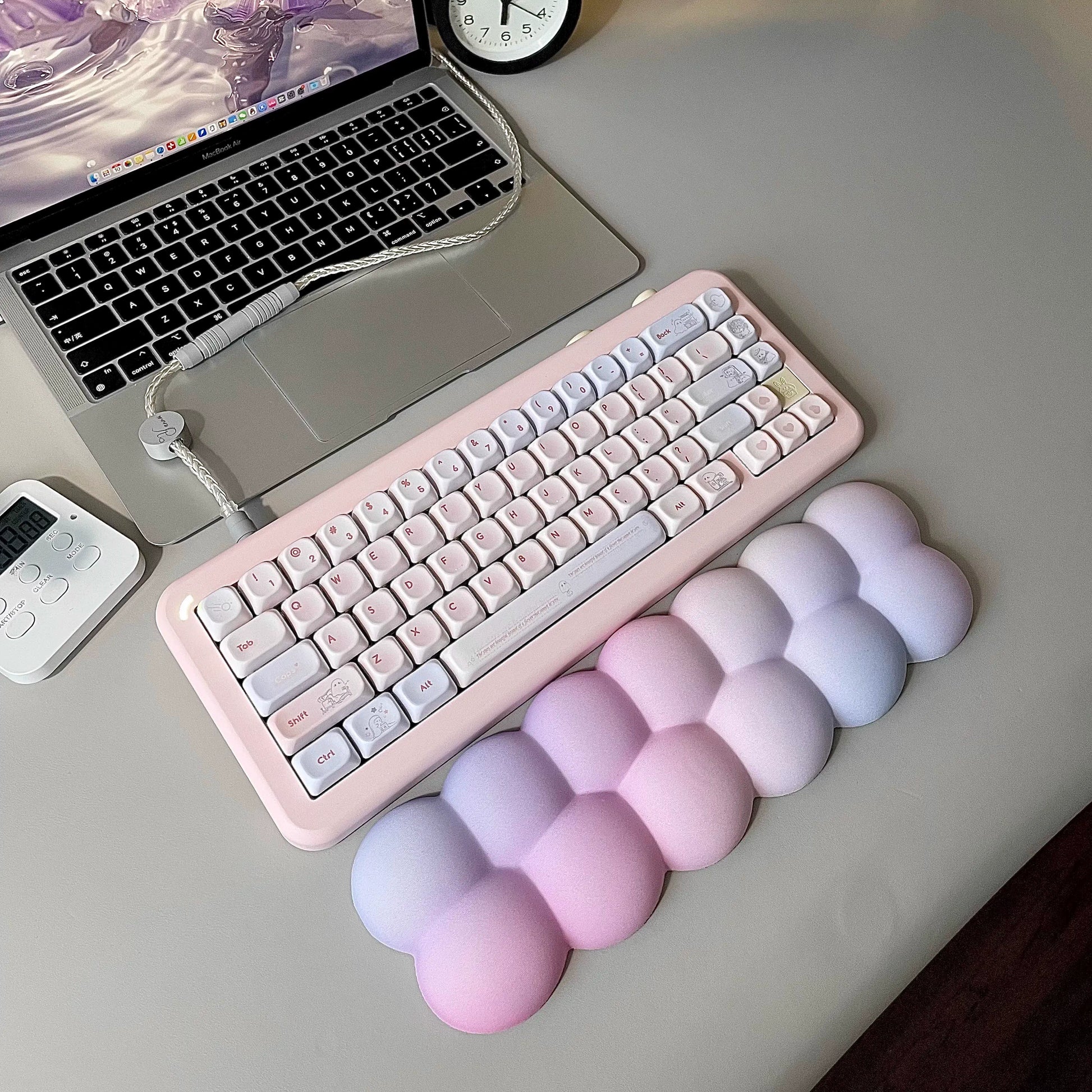 kawaii pastel desk setup with cloud puff wrist rest 65% mechanical keyboard pink aesthetic 2025