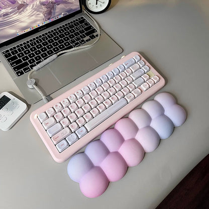kawaii pastel desk setup with cloud puff wrist rest 65% mechanical keyboard pink aesthetic 2025