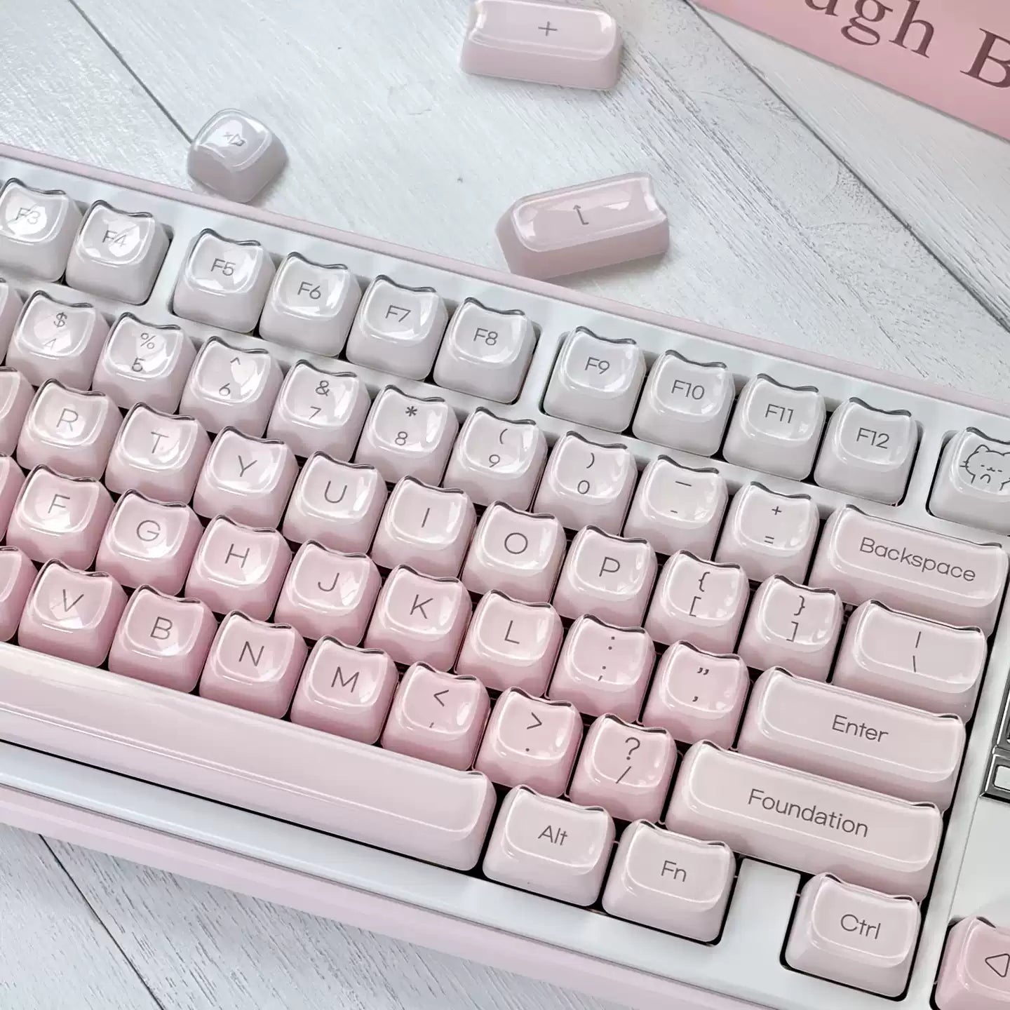 Pink Foundation Jelly Cat Ear Keycap Set – 119-Key Double-Shot ABS & Translucent PC Cute Keycaps (MAO Profile)