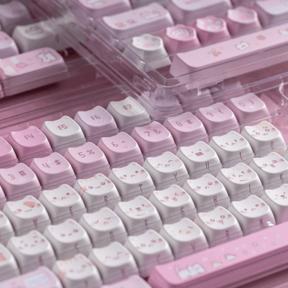 kawaii retro desk setup pixel meow meow keycaps cloud puff wrist rest pink pixel aesthetic 2025