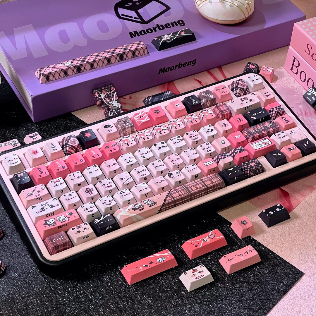 Black Pink Yabi Keycaps Set – MAO / OEM Profile | Cute Cat Mechanical Keyboard Keycaps | Cross-Stem PBT Keycaps for Custom Keyboards