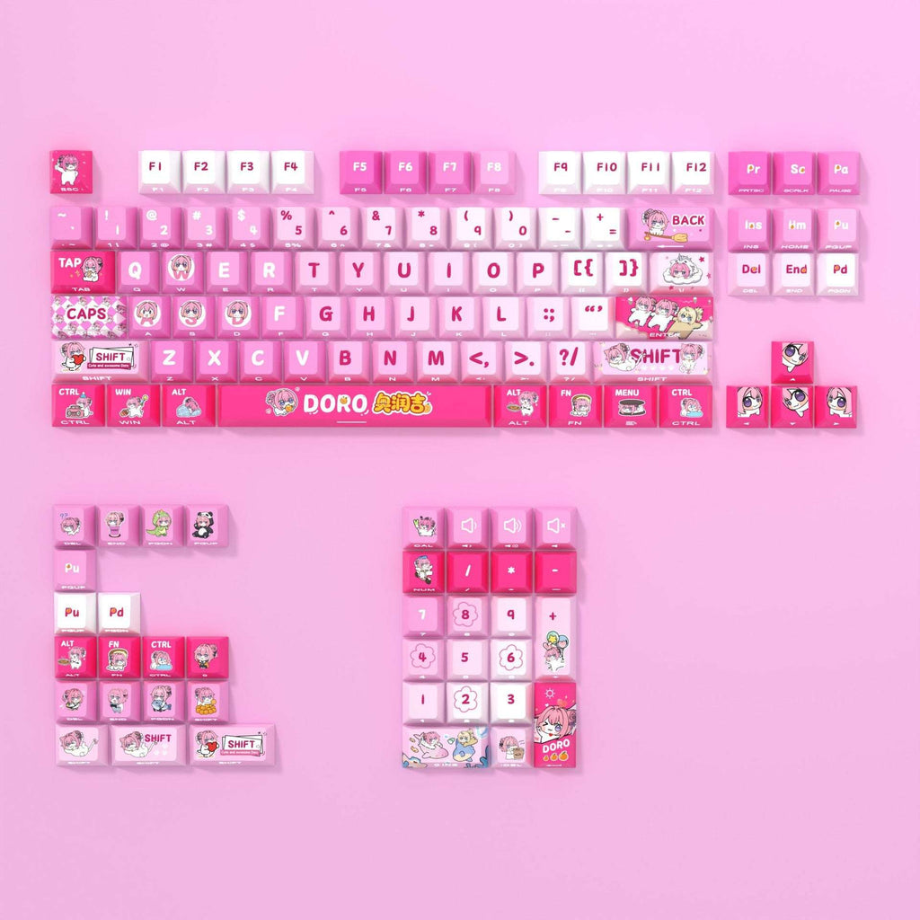 Doro Side-Printed Shine-Through Keycaps 2025 – PBT Dye-Sub Pink Anime Girl Set (60/68 or Full 140+ Keys)