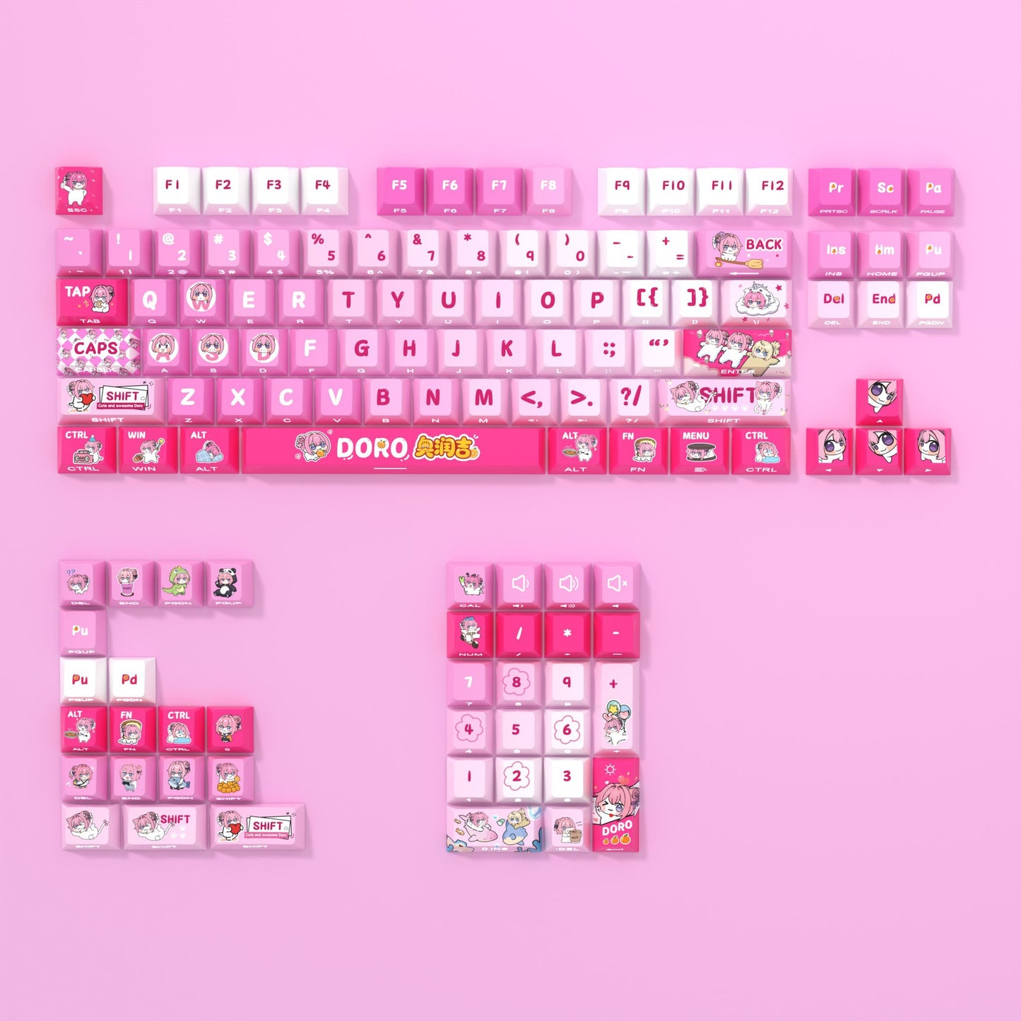 Doro Side-Printed Shine-Through Keycaps 2025 – PBT Dye-Sub Pink Anime Girl Set (60/68 or Full 140+ Keys)